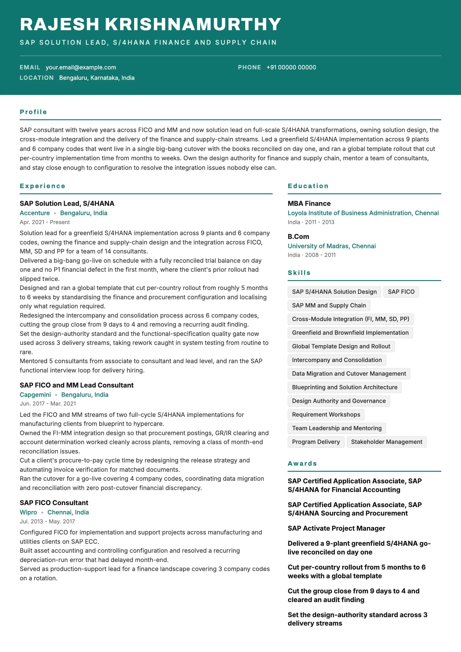 SAP Consultant resume example for Senior Lead (12 years), header-band template, showing professional summary, work experience, skills, education and certifications