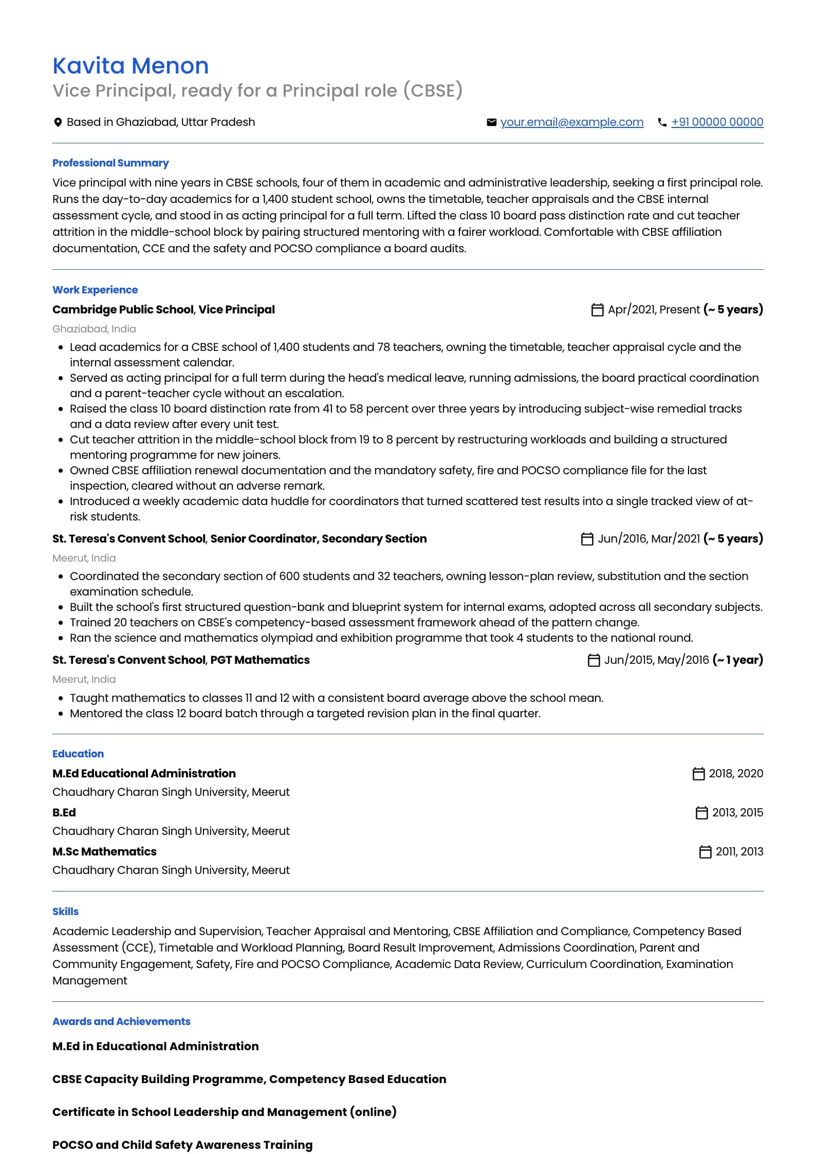 School Principal resume example for Vice Principal to first Headship (8 to 10 years), professional template, showing professional summary, work experience, skills, education and certifications