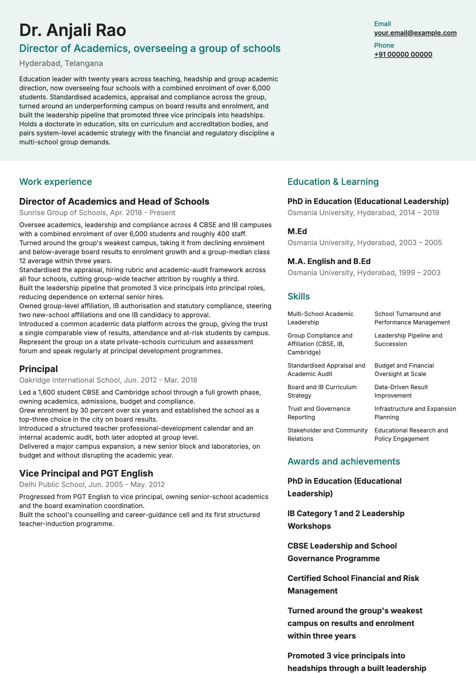 School Principal resume example for Head of Schools and Director, Academics (20 years), modern template, showing professional summary, work experience, skills, education and certifications