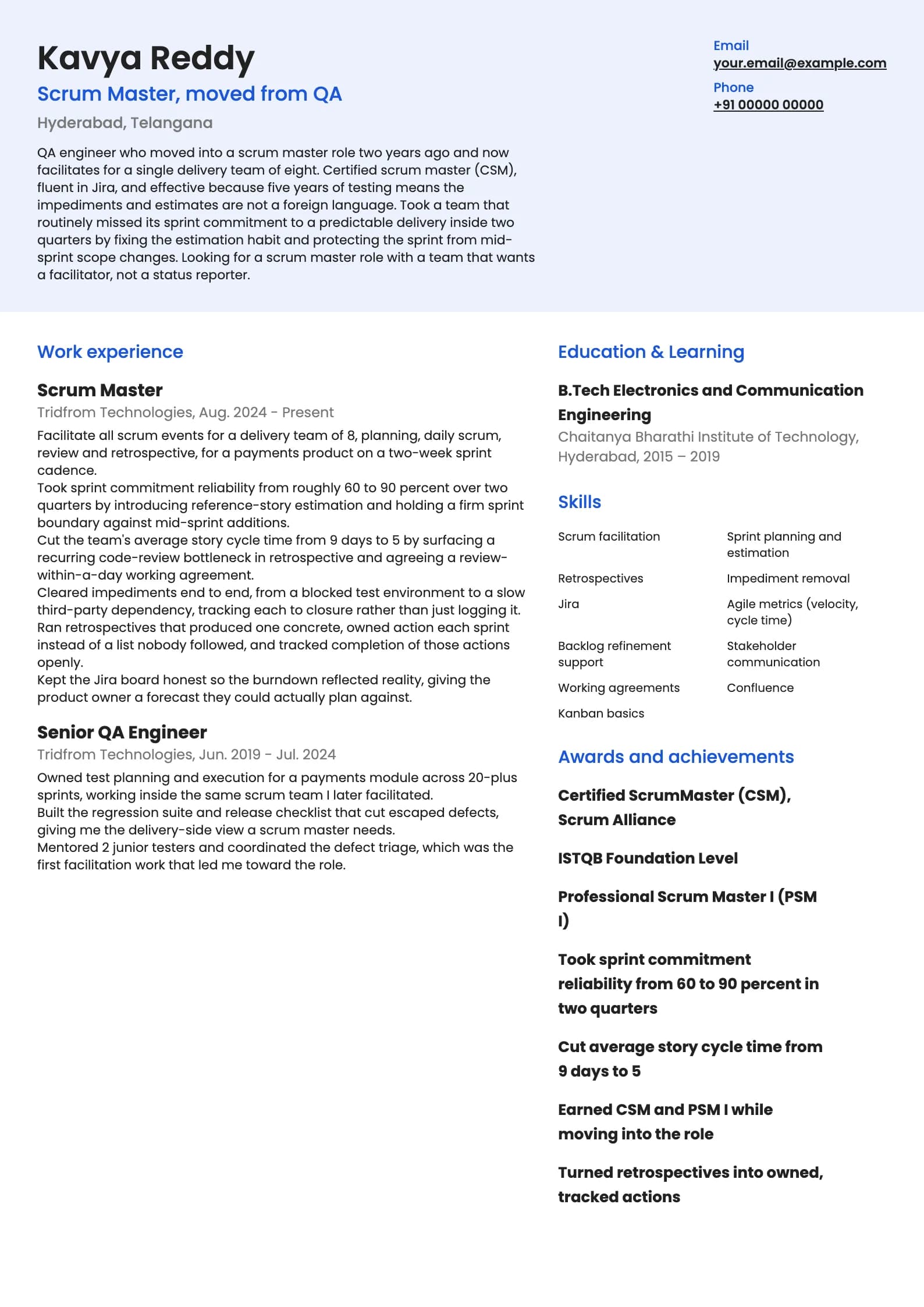 Scrum Master resume example for New Scrum Master (2 years), modern template, showing professional summary, work experience, skills, education and certifications