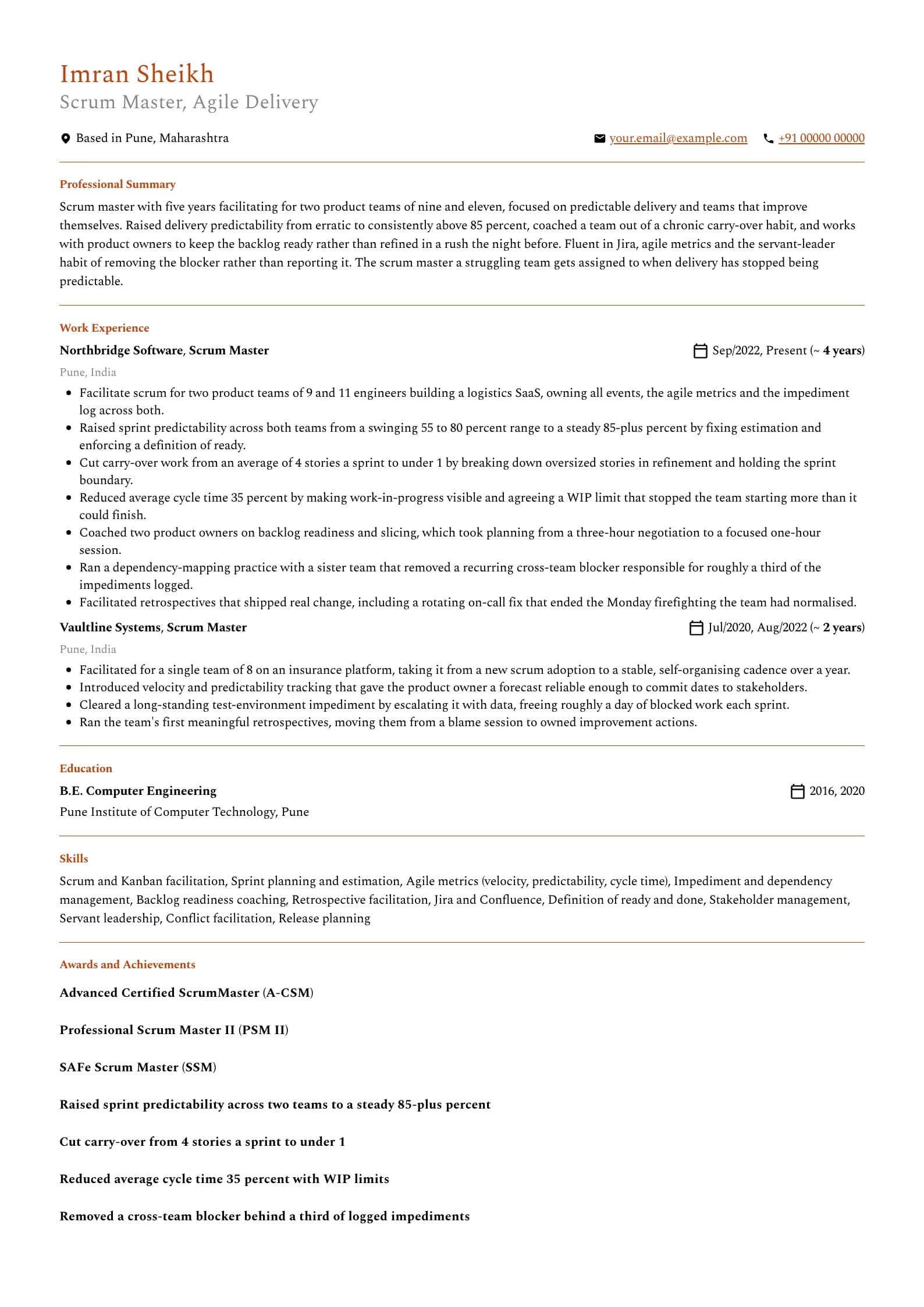 Scrum Master resume example for Scrum Master (5 years), professional template, showing professional summary, work experience, skills, education and certifications
