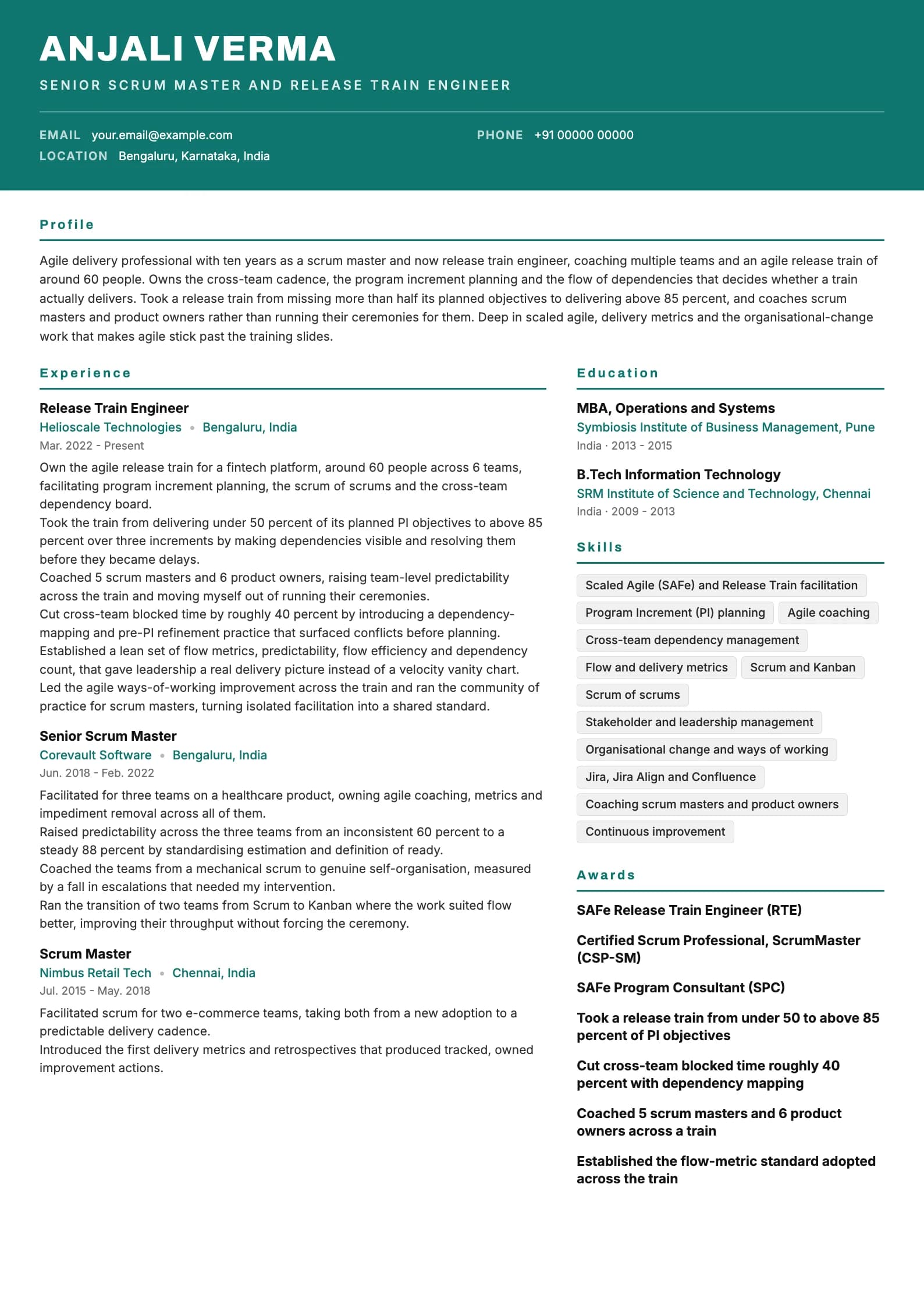 Scrum Master resume example for Senior / RTE (10 years), header-band template, showing professional summary, work experience, skills, education and certifications