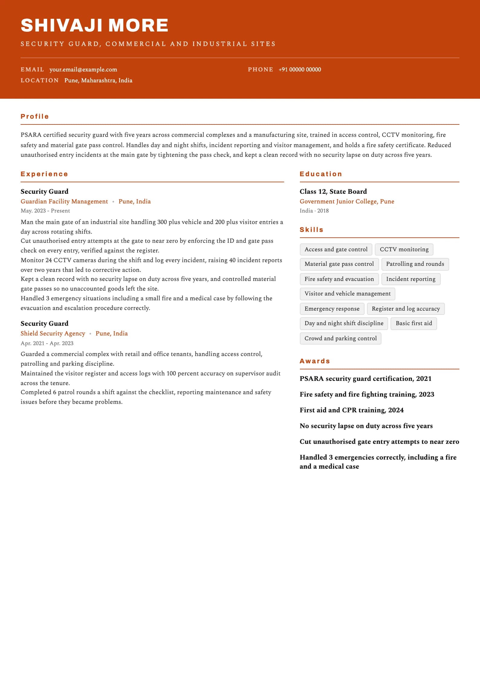 Security Guard resume example for Experienced Guard (5 years), header-band template, showing professional summary, work experience, skills, education and certifications