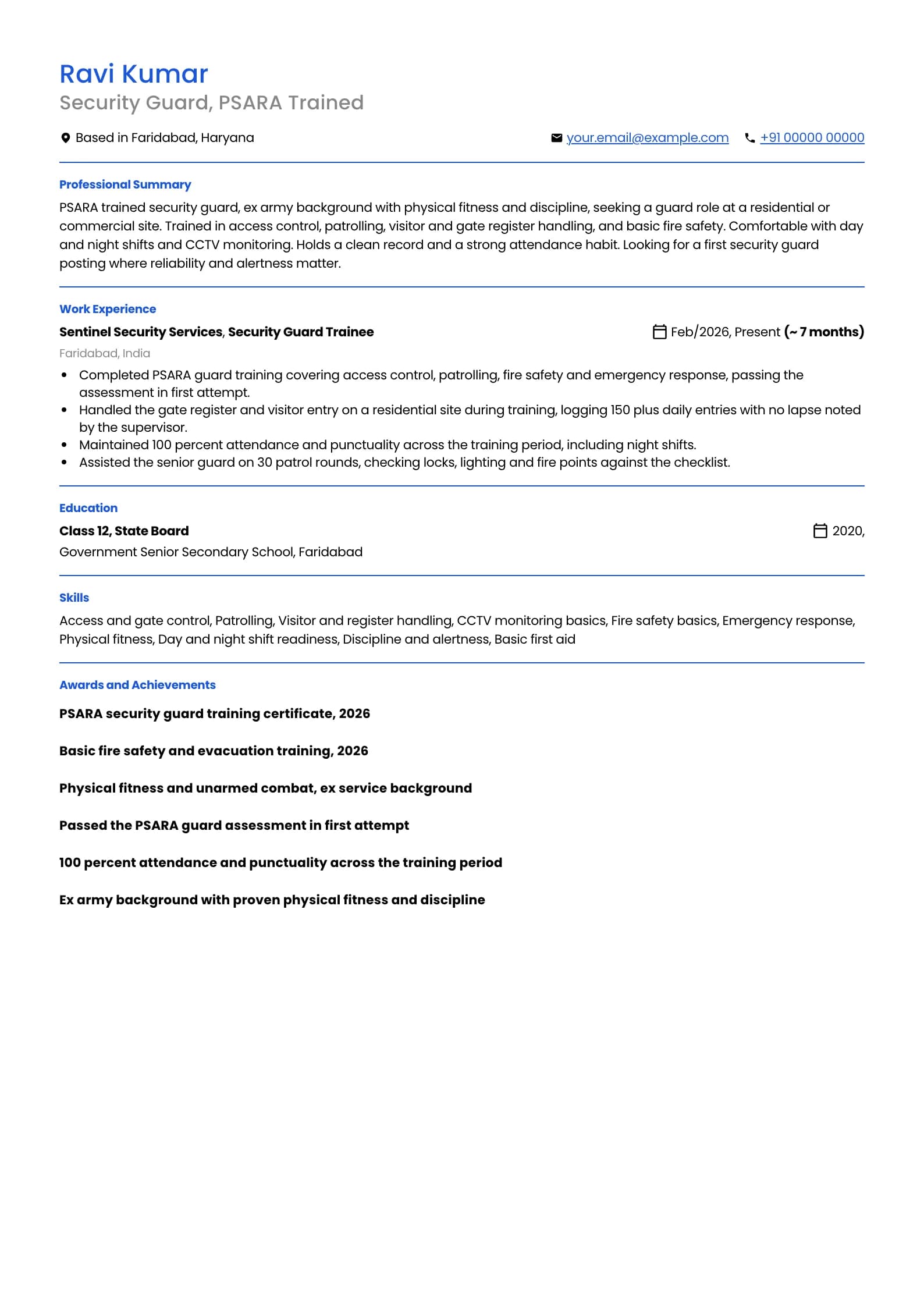 Security Guard resume example for Fresher (0 to 1 year), minimalist template, showing professional summary, work experience, skills, education and certifications
