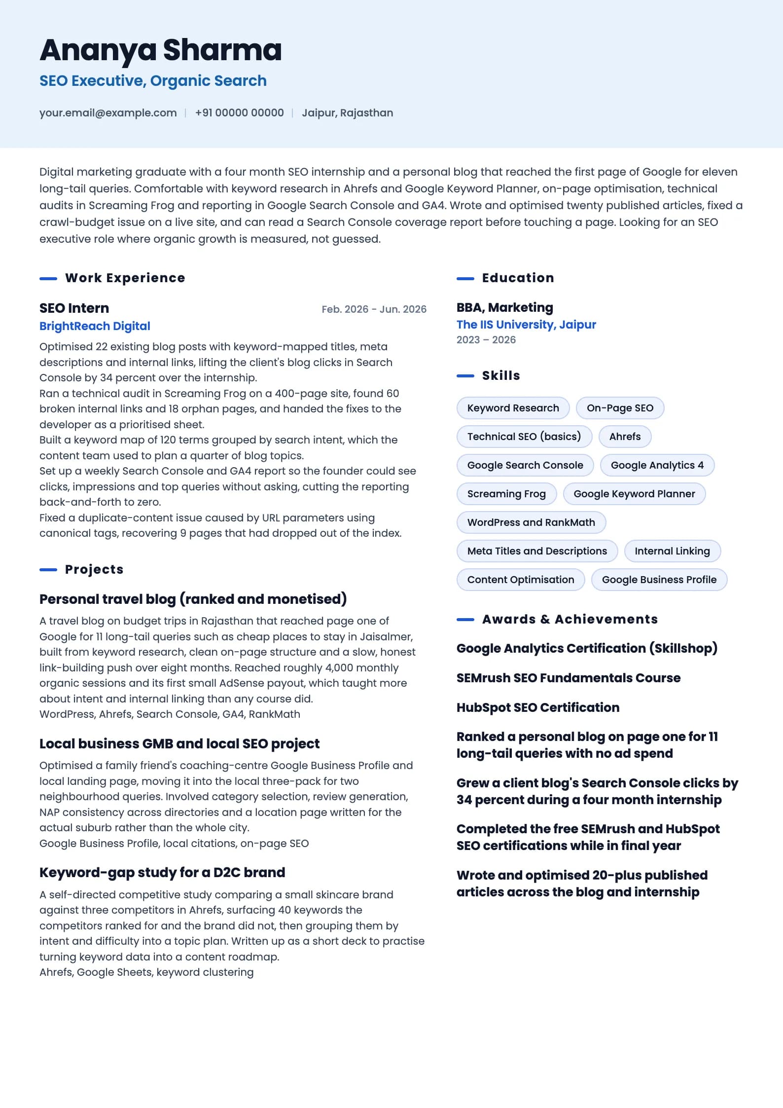 SEO Executive resume example for Fresher (0 to 1 year), ai-era template, showing professional summary, work experience, projects, skills, education and certifications