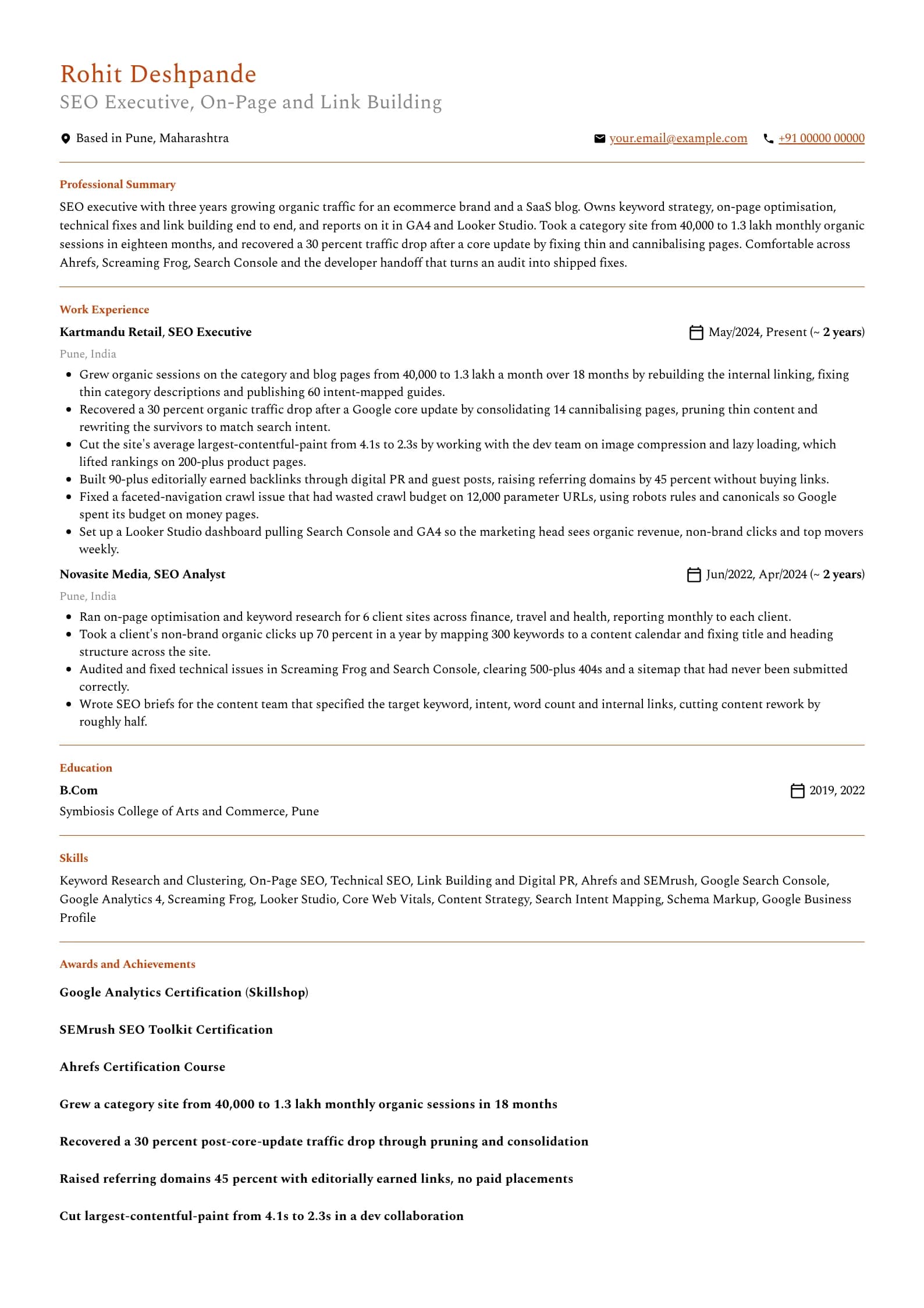 SEO Executive resume example for Mid-level (3 years), professional template, showing professional summary, work experience, skills, education and certifications