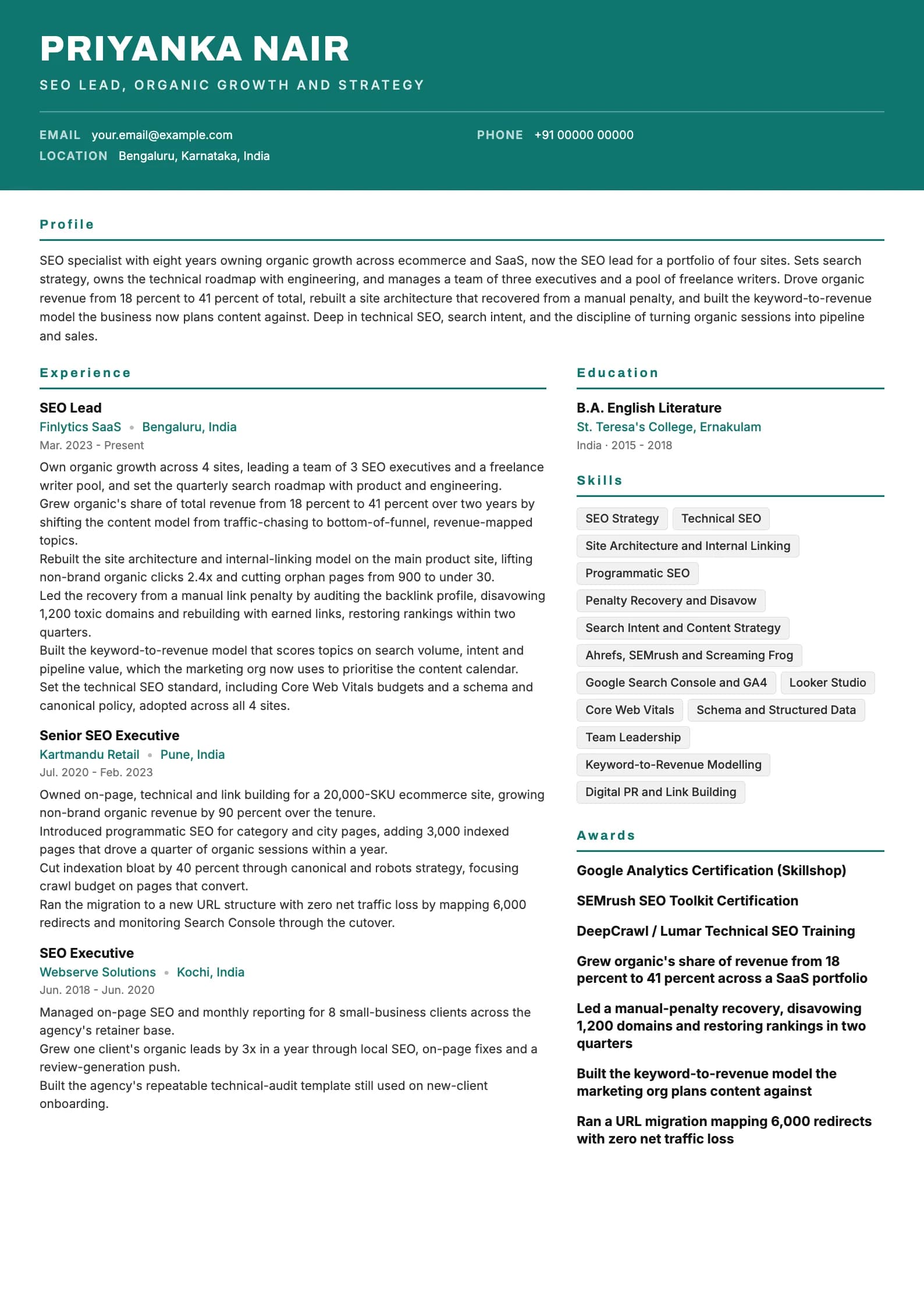SEO Executive resume example for Lead (8 years), header-band template, showing professional summary, work experience, skills, education and certifications
