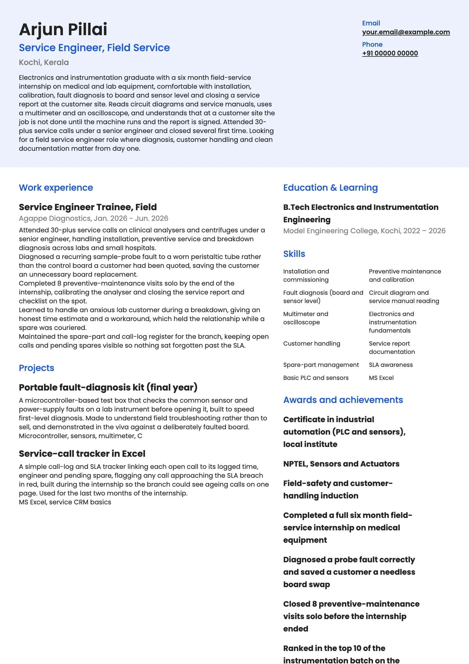 Service Engineer resume example for Fresher (0 years), modern template, showing professional summary, work experience, projects, skills, education and certifications