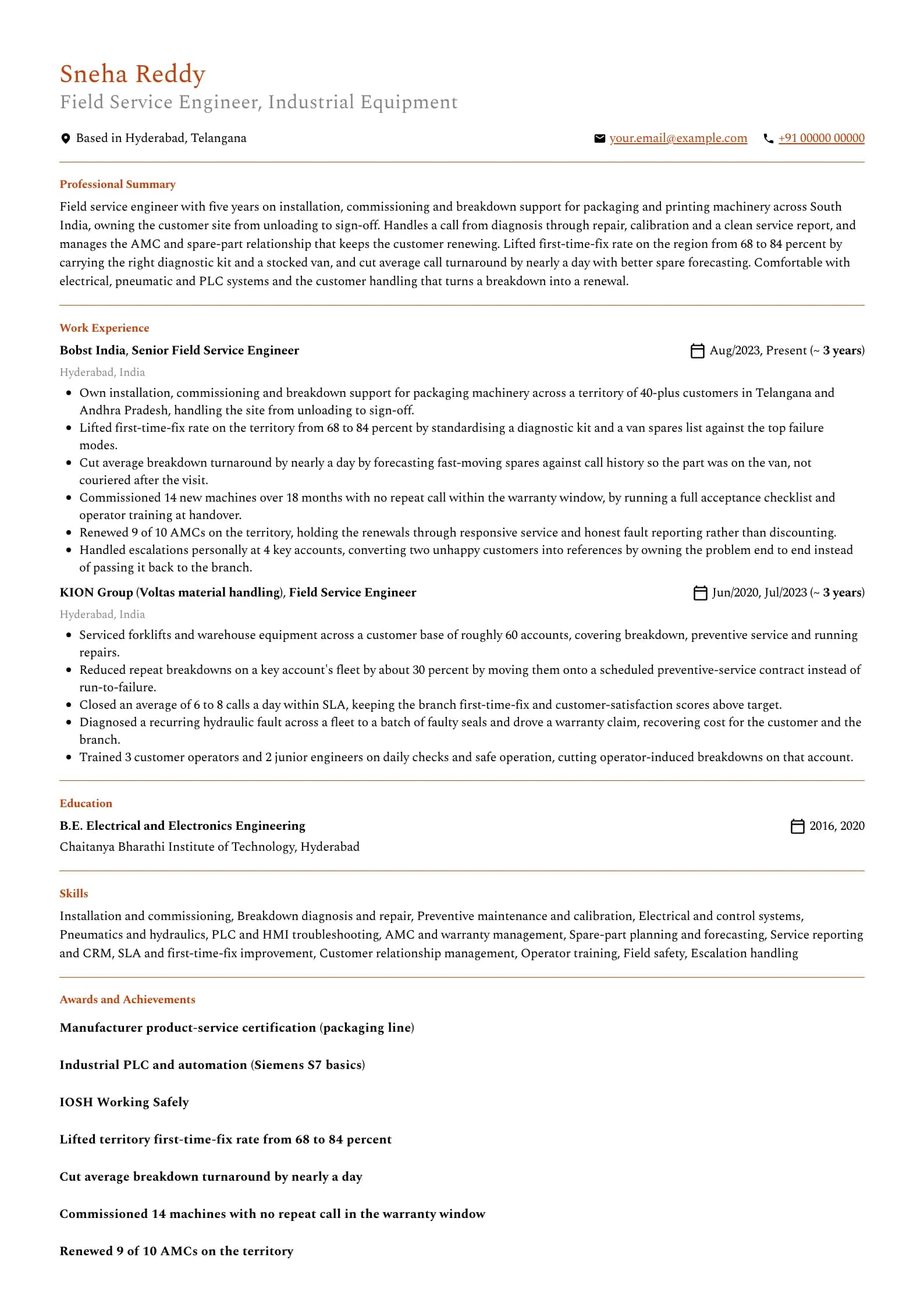 Service Engineer resume example for Mid-level (5 years), professional template, showing professional summary, work experience, skills, education and certifications