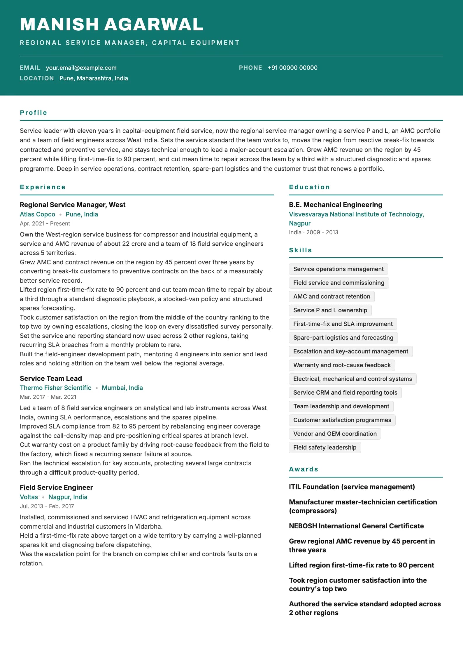 Service Engineer resume example for Senior (11 years), header-band template, showing professional summary, work experience, skills, education and certifications
