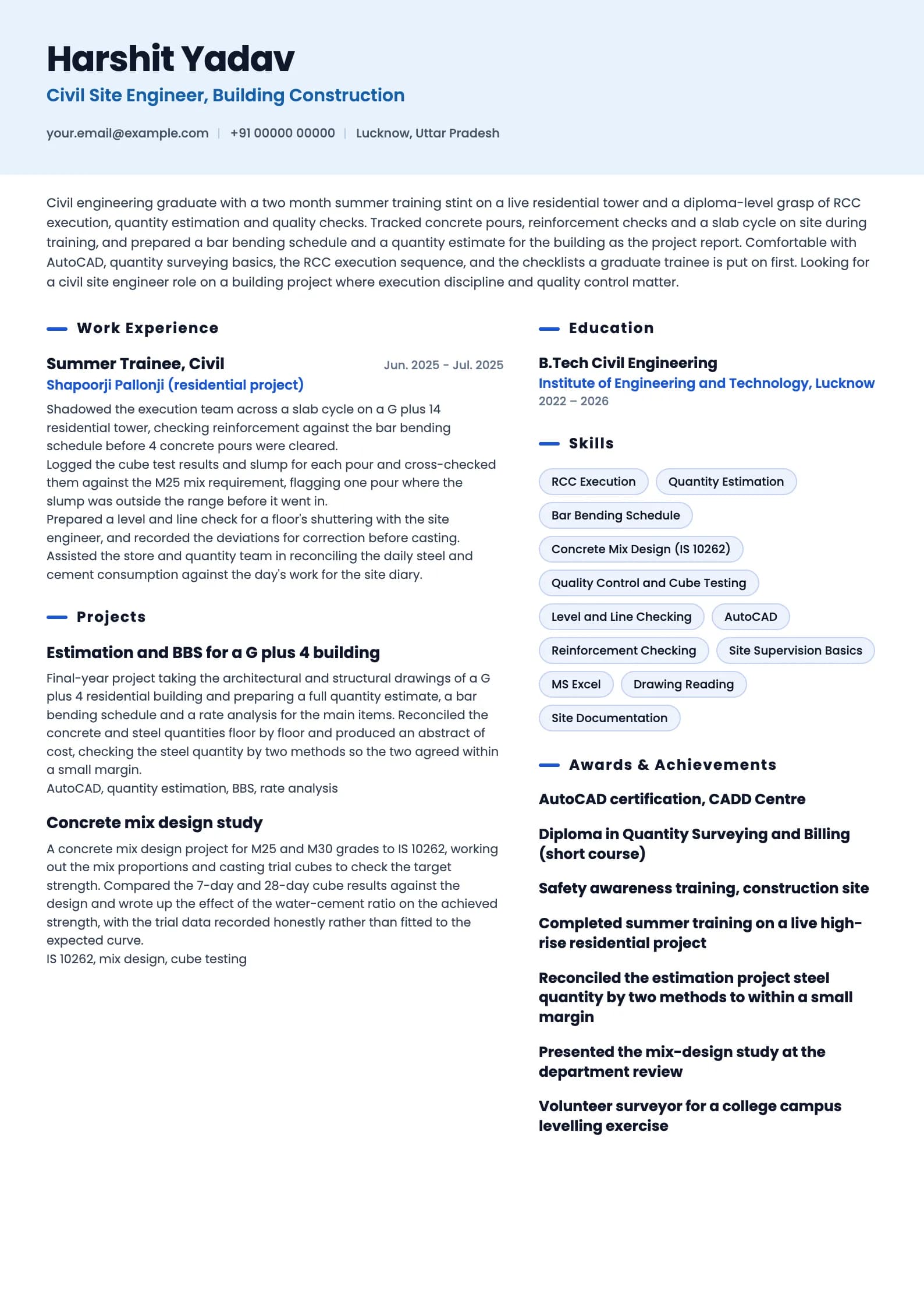 Site Engineer resume example for Fresher (0 years), ai-era template, showing professional summary, work experience, projects, skills, education and certifications