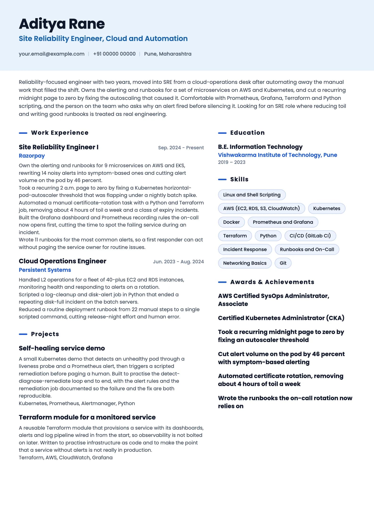 Site Reliability Engineer resume example for Junior SRE (2 years), ai-era template, showing professional summary, work experience, projects, skills, education and certifications