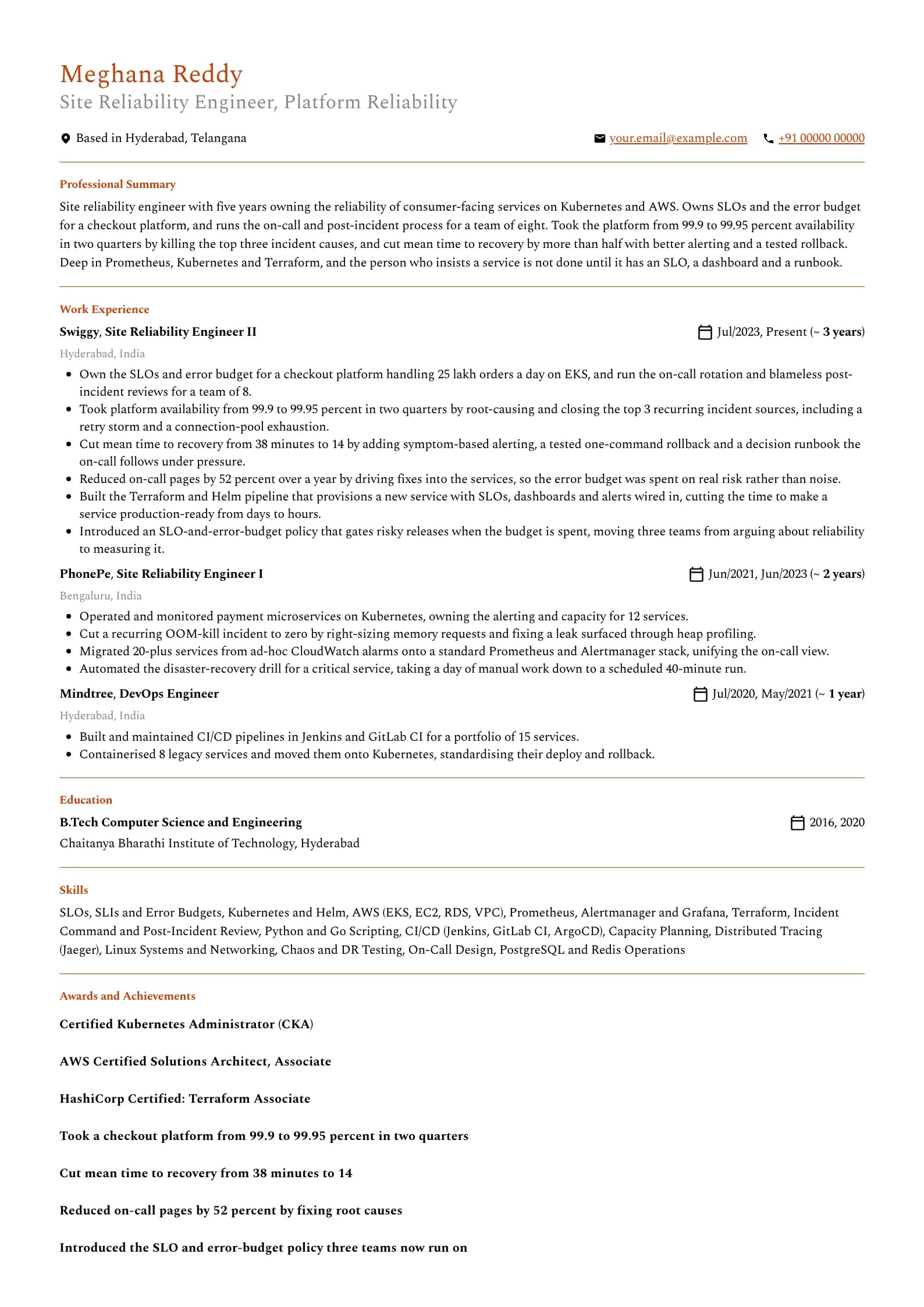 Site Reliability Engineer resume example for Mid-level SRE (5 years), professional template, showing professional summary, work experience, skills, education and certifications