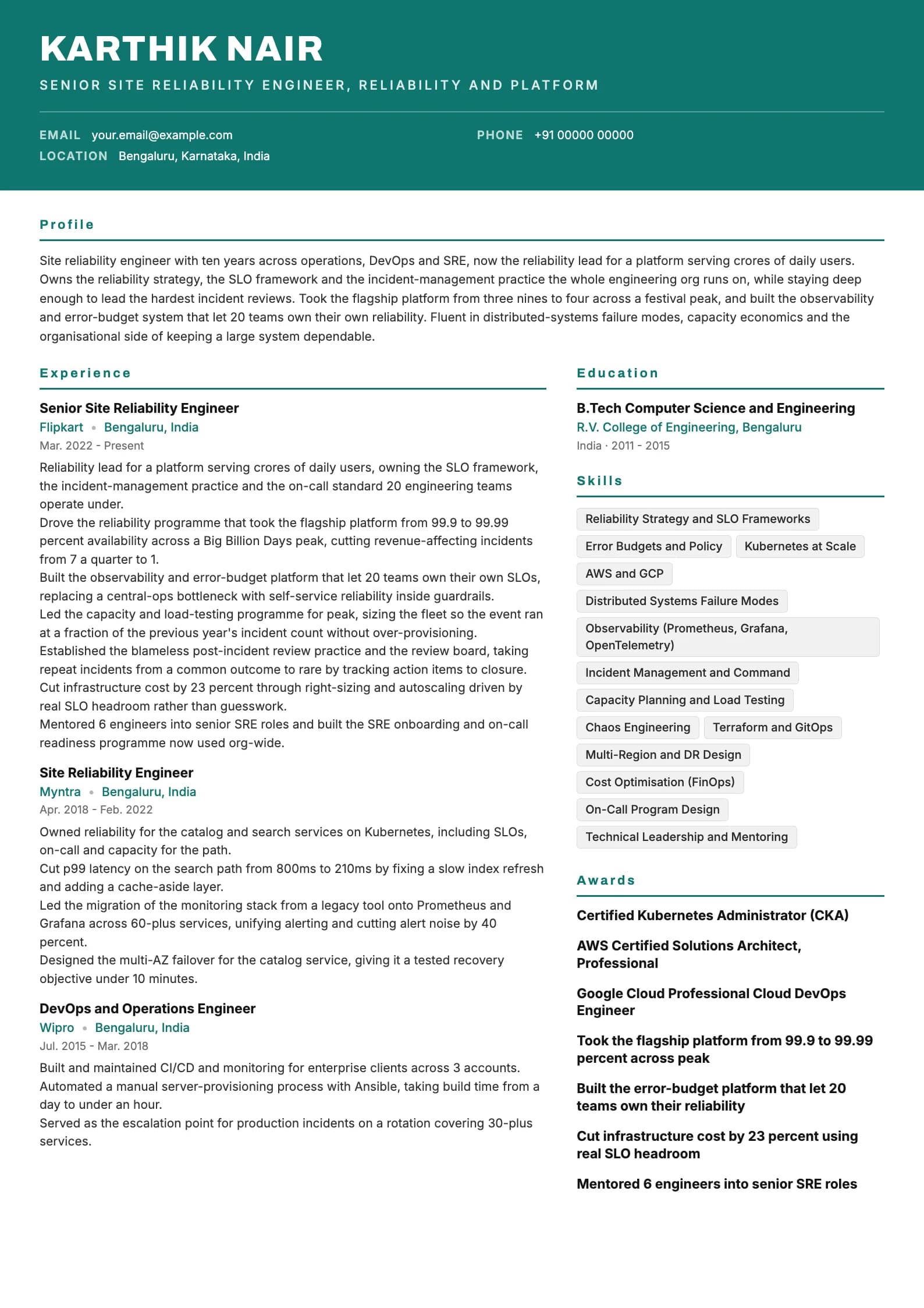 Site Reliability Engineer resume example for Senior SRE (10 years), header-band template, showing professional summary, work experience, skills, education and certifications