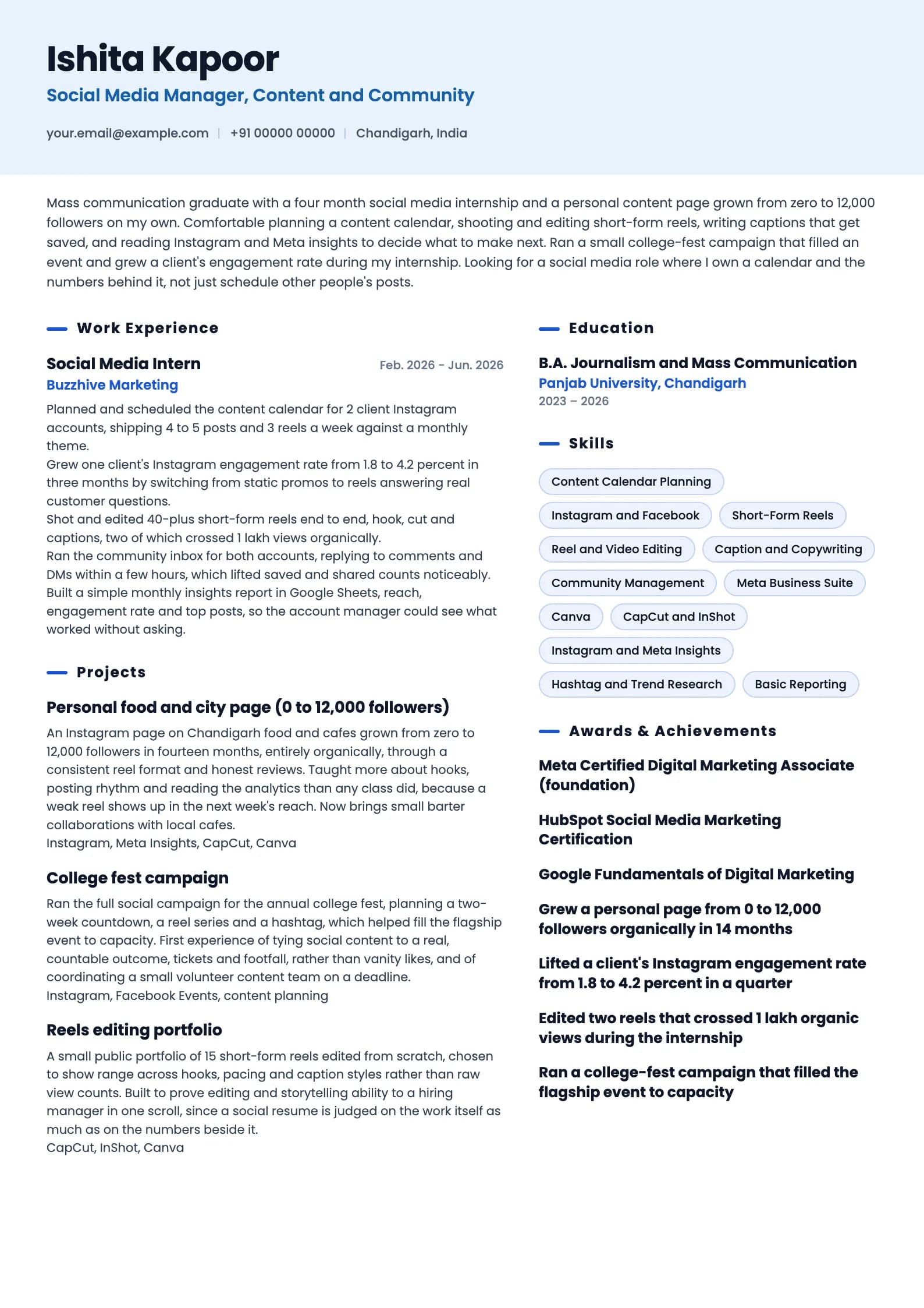 Social Media Manager resume example for Fresher (0 to 1 year), ai-era template, showing professional summary, work experience, projects, skills, education and certifications