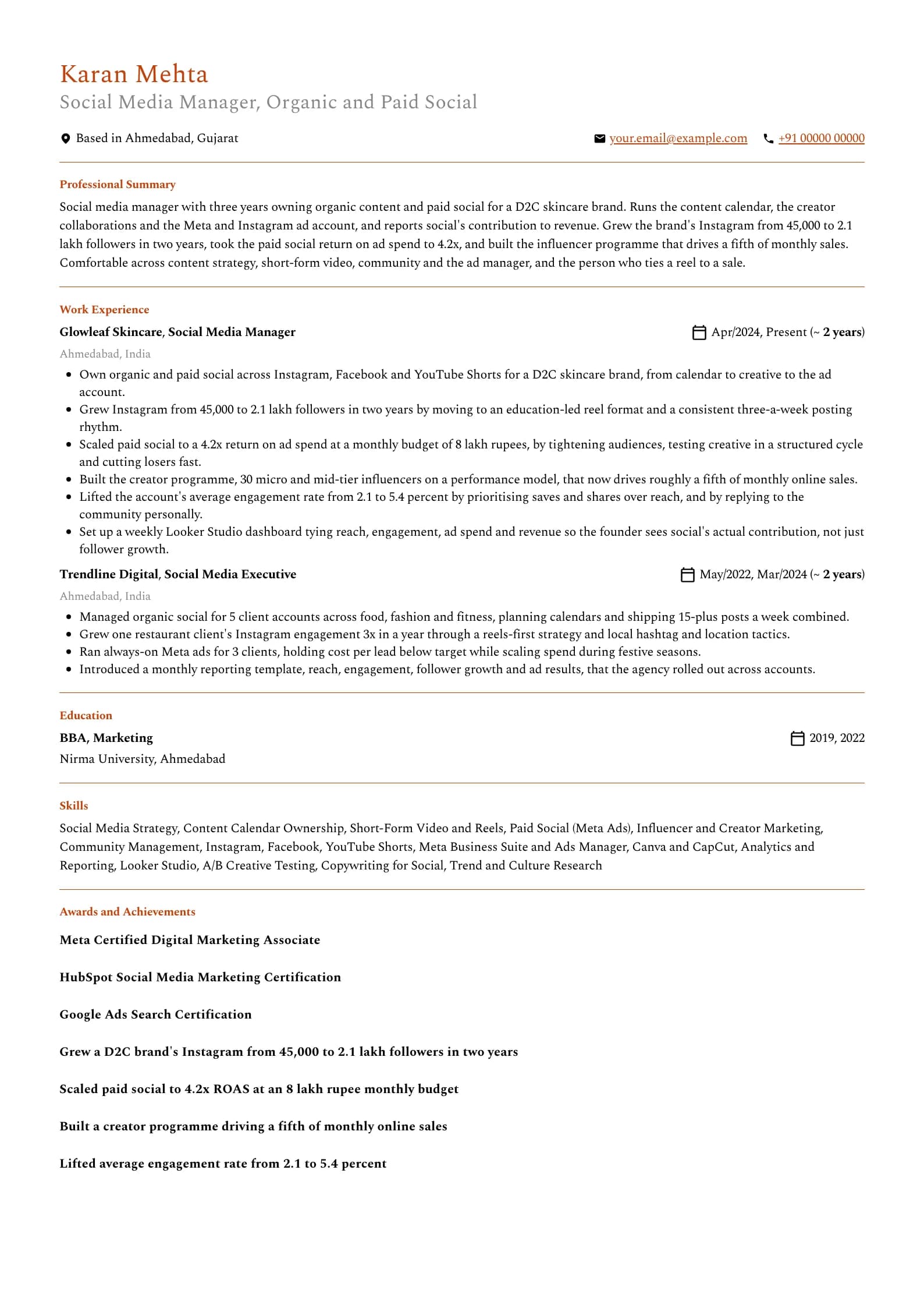 Social Media Manager resume example for Mid-level (3 years), professional template, showing professional summary, work experience, skills, education and certifications