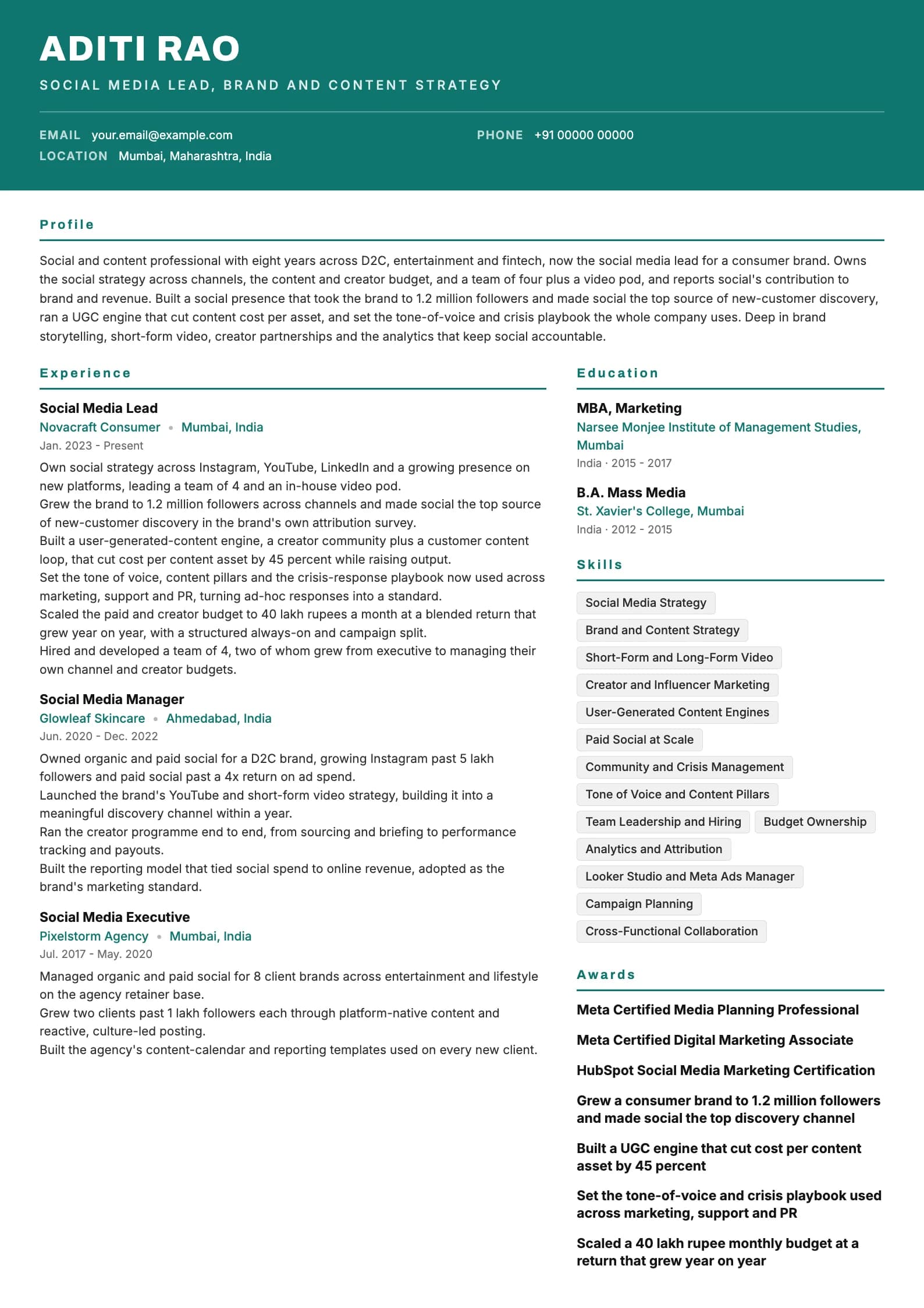 Social Media Manager resume example for Lead (8 years), header-band template, showing professional summary, work experience, skills, education and certifications