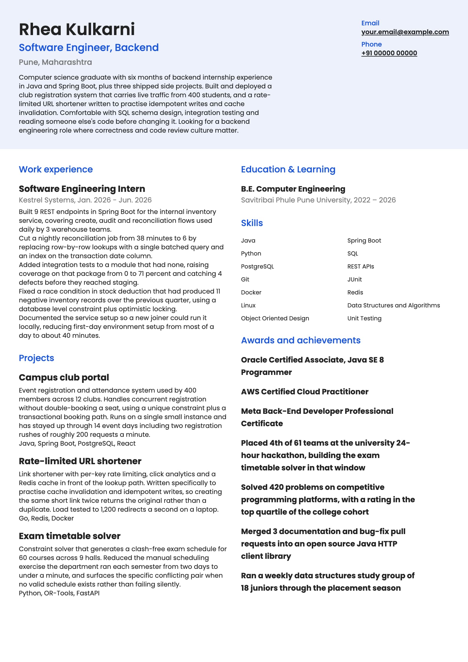 Software Engineer resume example for Fresher (0 years), modern template, showing professional summary, work experience, projects, skills, education and certifications