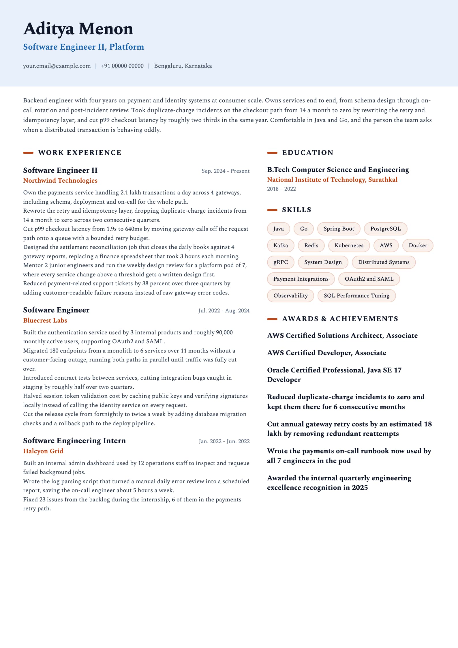 Software Engineer resume example for Mid-level (4 years), ai-era template, showing professional summary, work experience, skills, education and certifications
