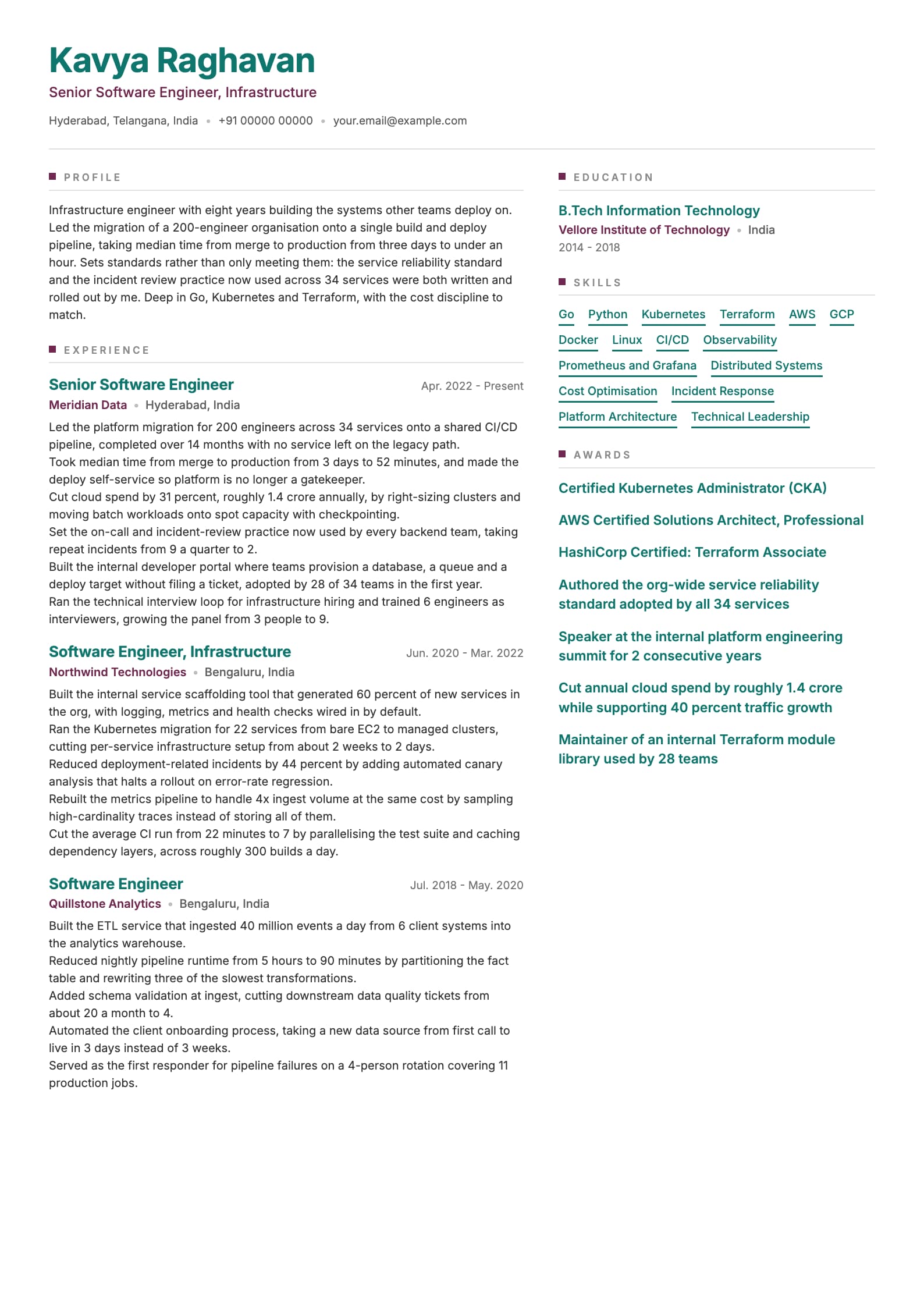 Software Engineer resume example for Senior (8 years), dual-accent template, showing professional summary, work experience, skills, education and certifications