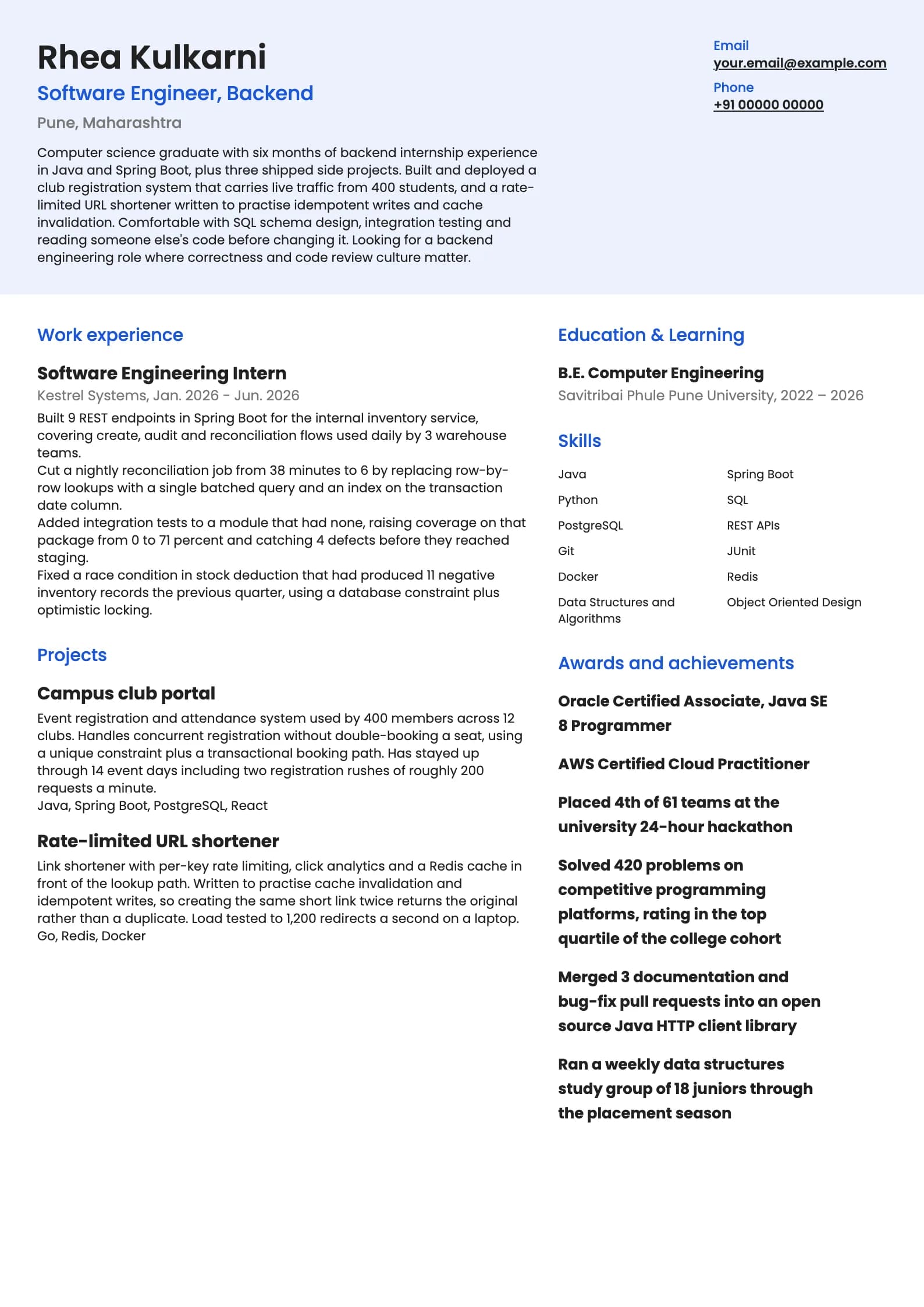 Software Engineer resume example for Campus placement, with internship (0 years), modern template, showing professional summary, work experience, projects, skills, education and certifications