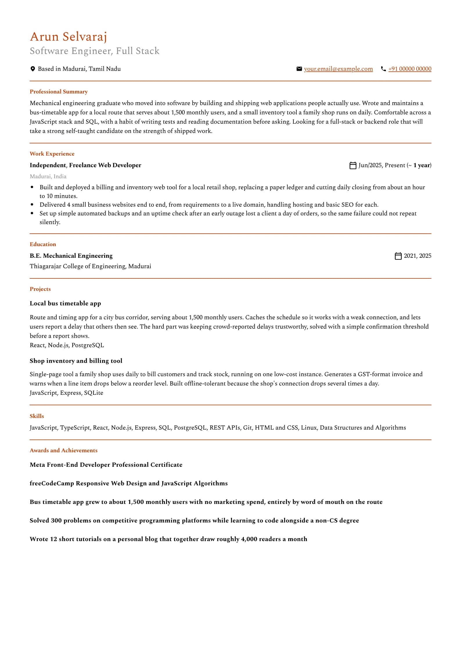 Software Engineer resume example for Self-taught, no internship (0 years), minimalist template, showing professional summary, work experience, projects, skills, education and certifications