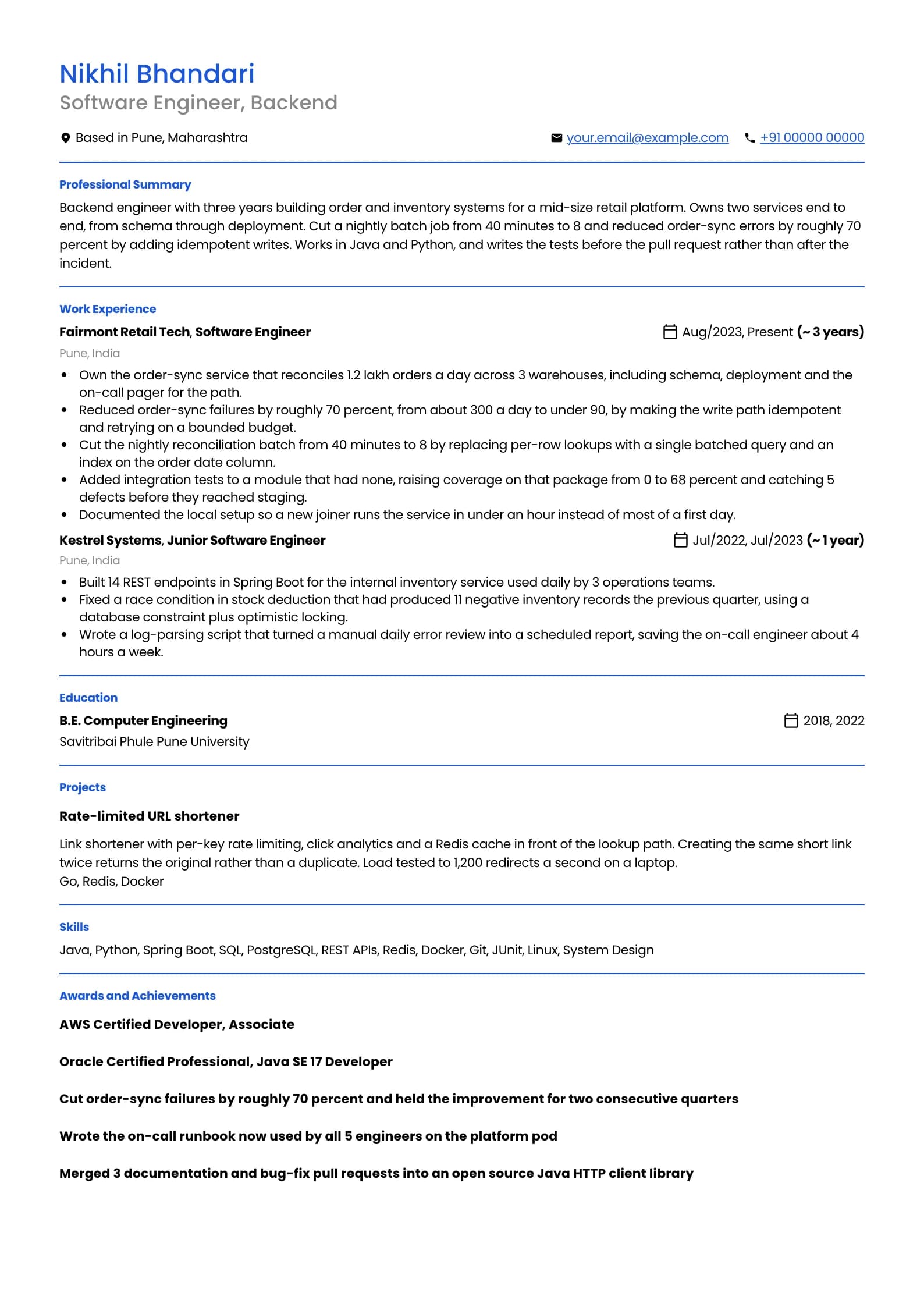 Software Engineer resume example for ATS-safe PDF (3 years), professional template, showing professional summary, work experience, projects, skills, education and certifications