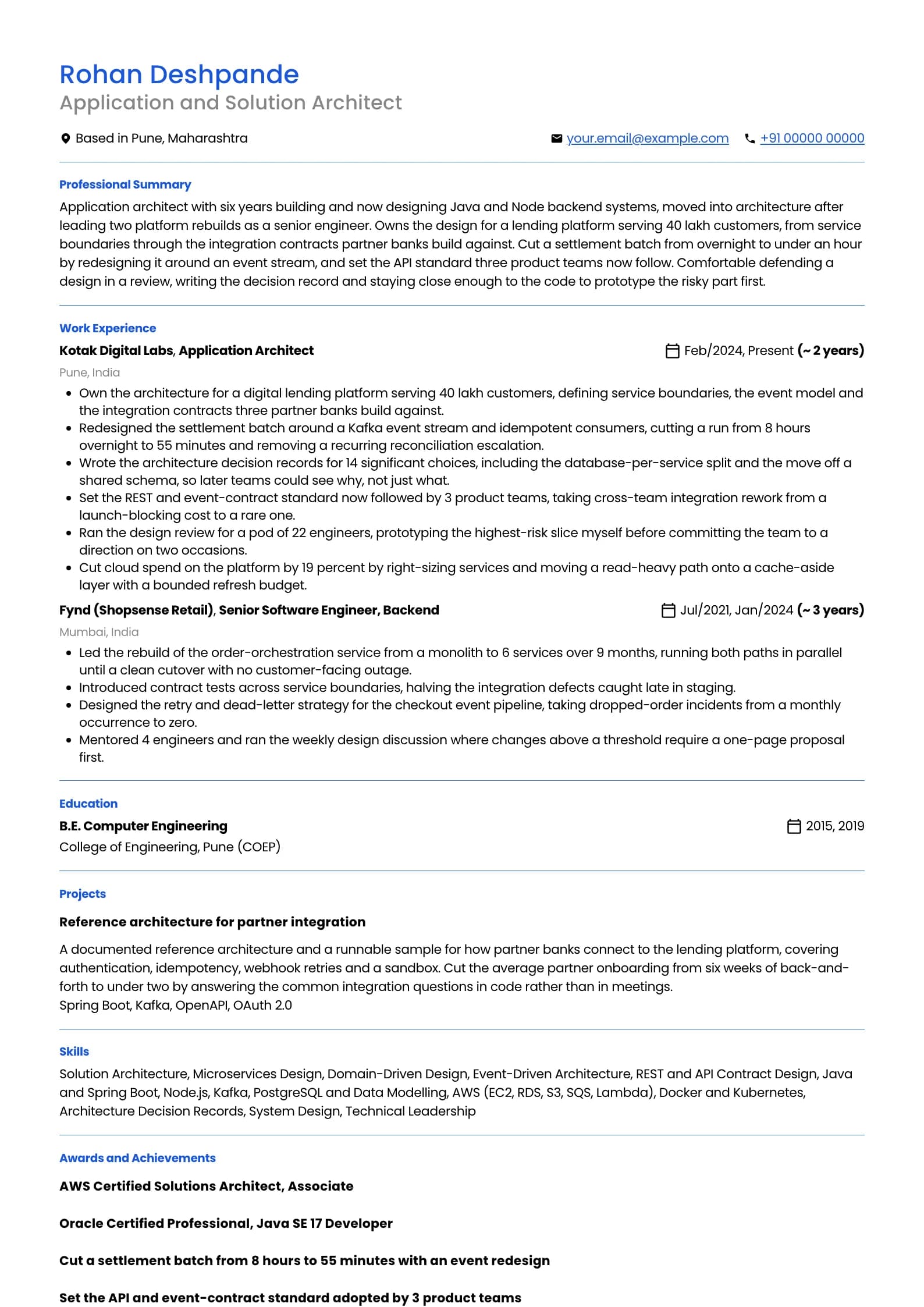 Solution Architect resume example for Application Architect (6 years), professional template, showing professional summary, work experience, projects, skills, education and certifications