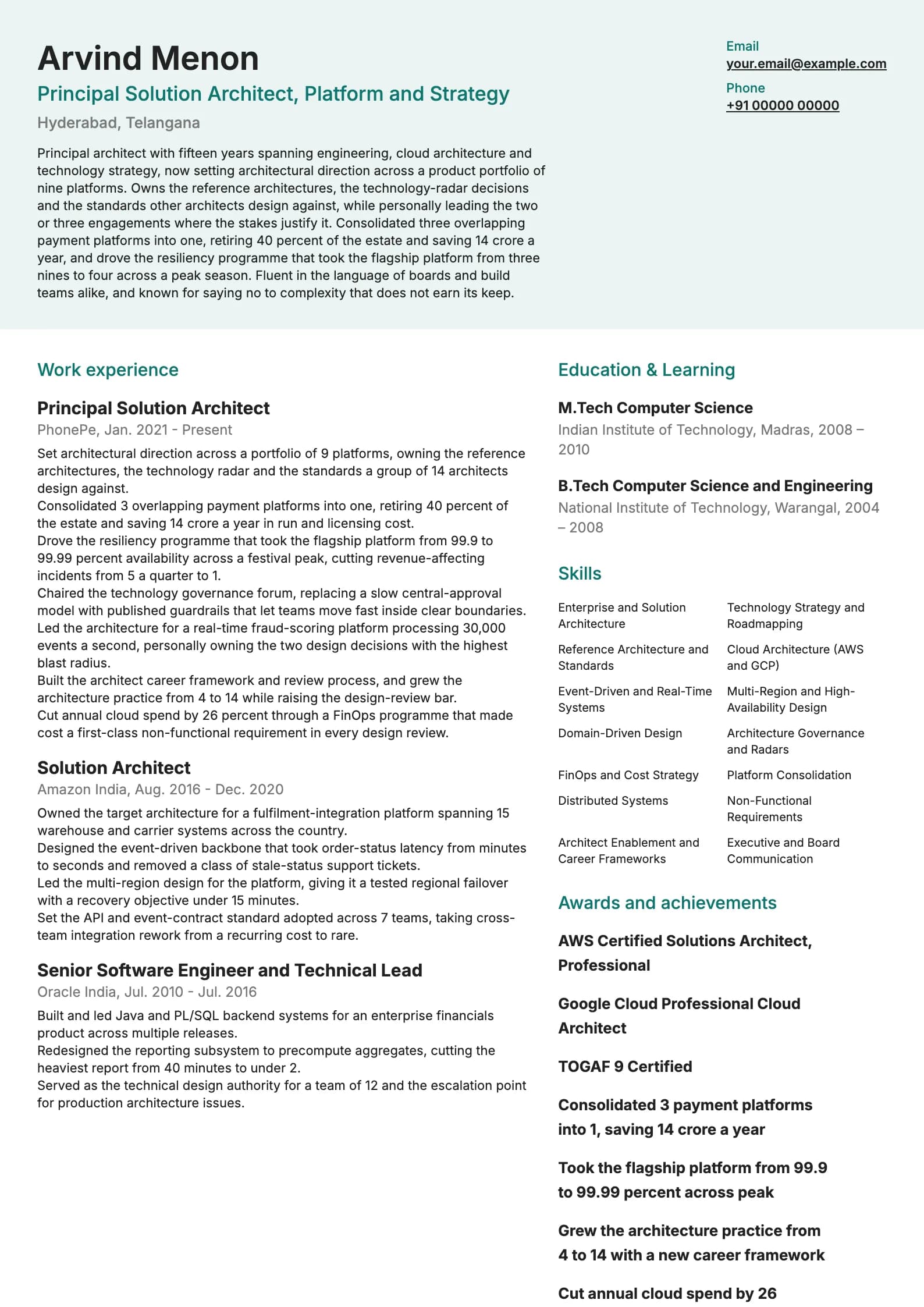 Solution Architect resume example for Principal Architect (15 years), modern template, showing professional summary, work experience, skills, education and certifications