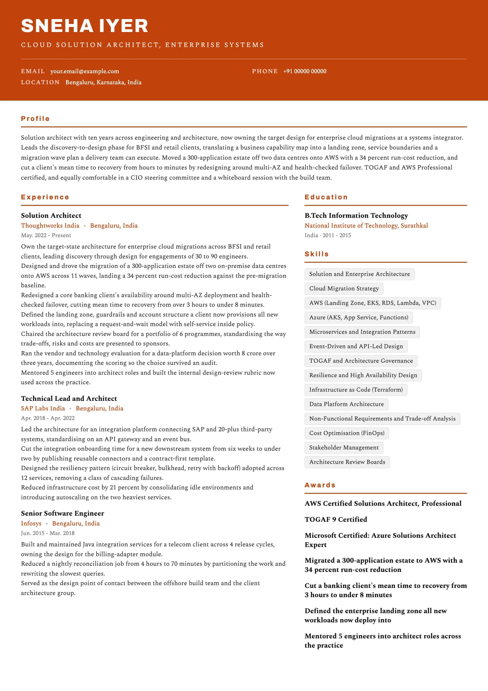 Solution Architect resume example for Solution Architect (10 years), header-band template, showing professional summary, work experience, skills, education and certifications