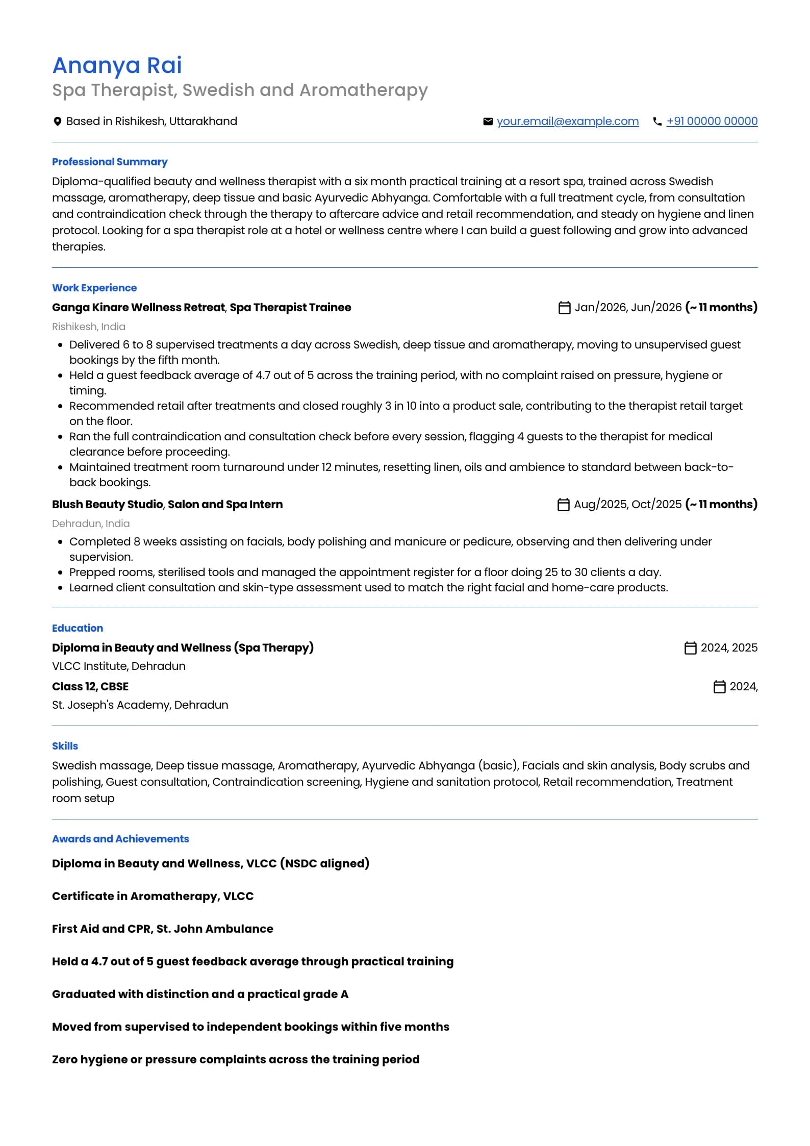 Spa Therapist resume example for Fresher (0 years), professional template, showing professional summary, work experience, skills, education and certifications