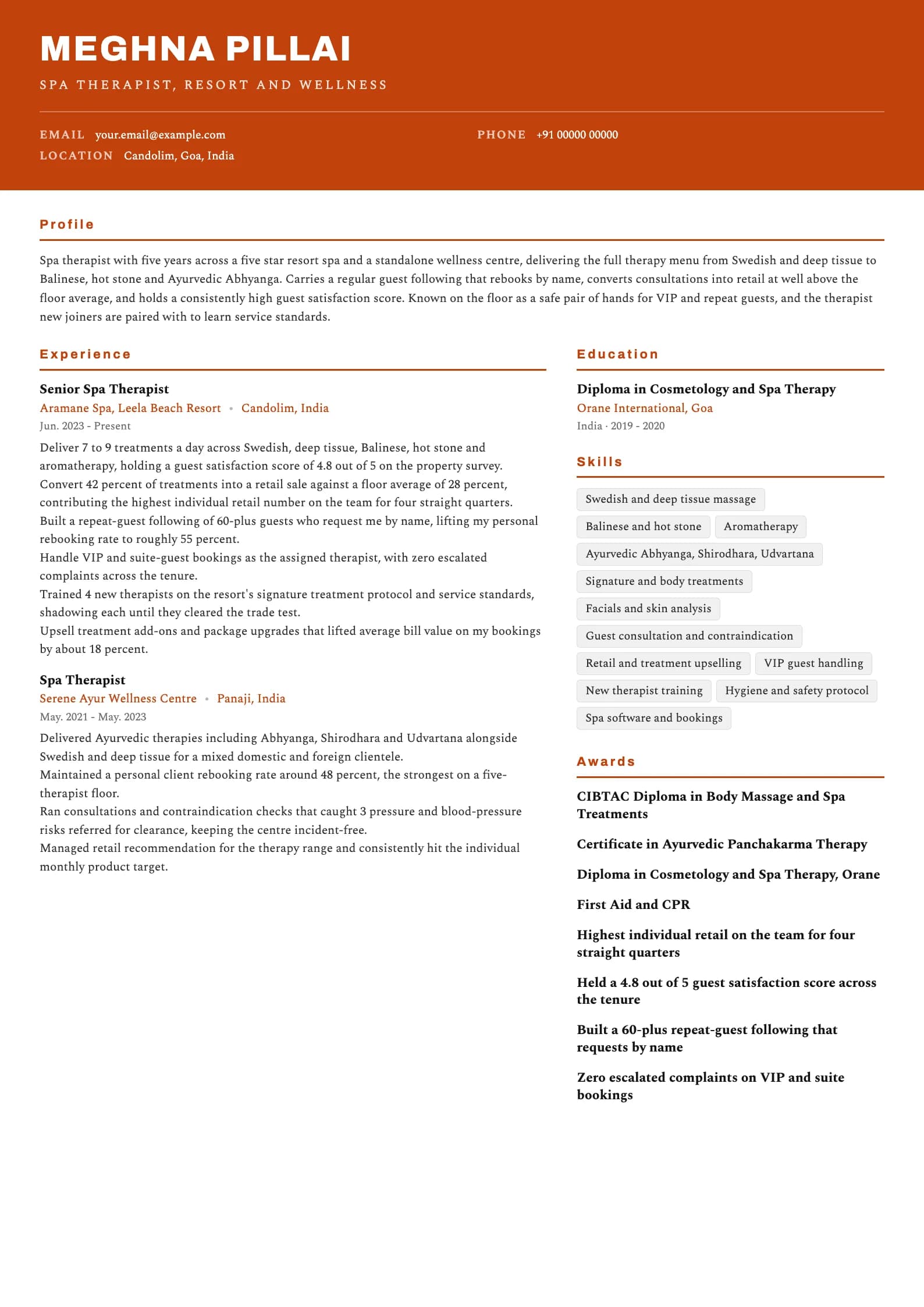 Spa Therapist resume example for Spa Therapist (5 years), header-band template, showing professional summary, work experience, skills, education and certifications