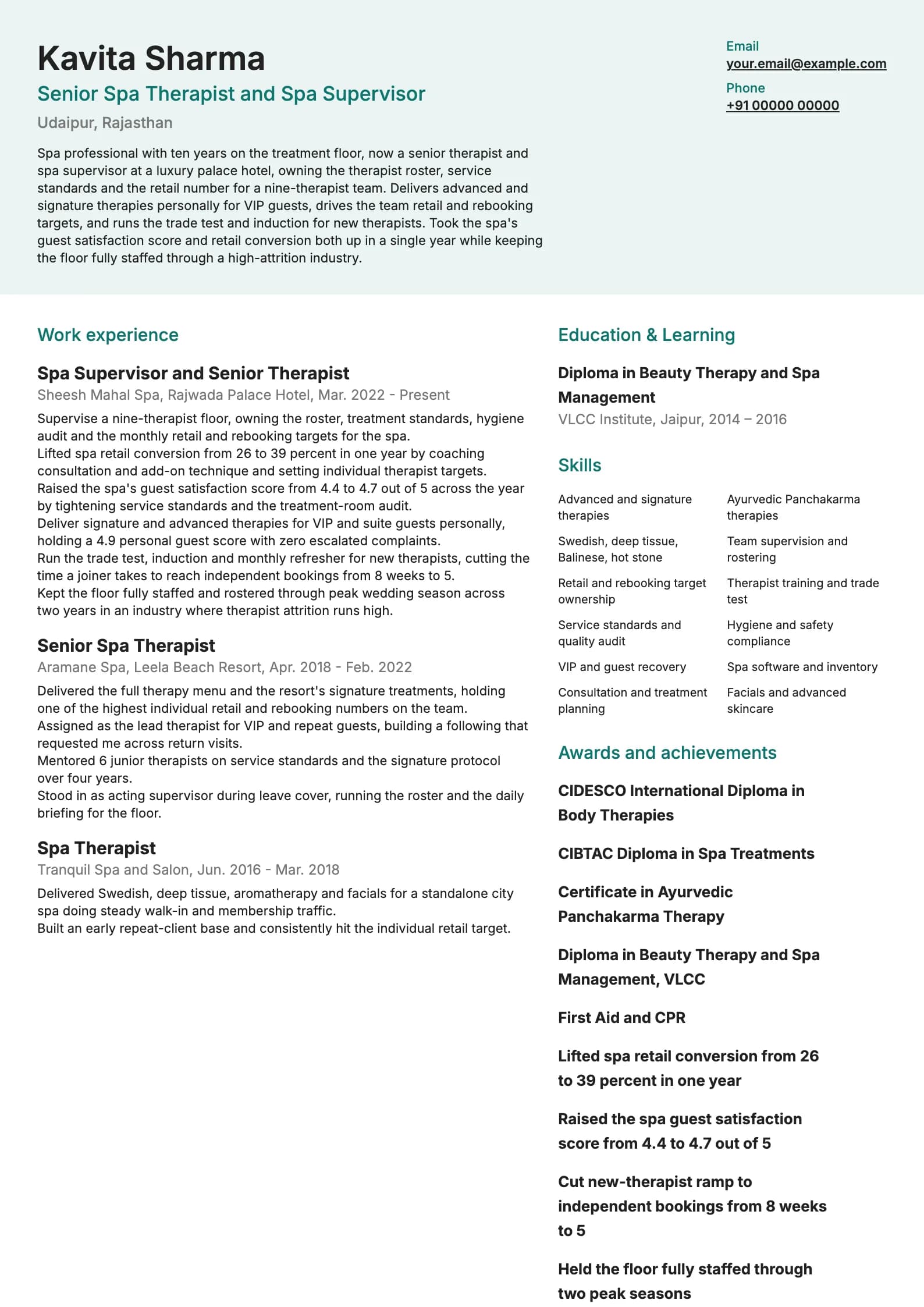 Spa Therapist resume example for Senior Therapist and Supervisor (10 years), modern template, showing professional summary, work experience, skills, education and certifications