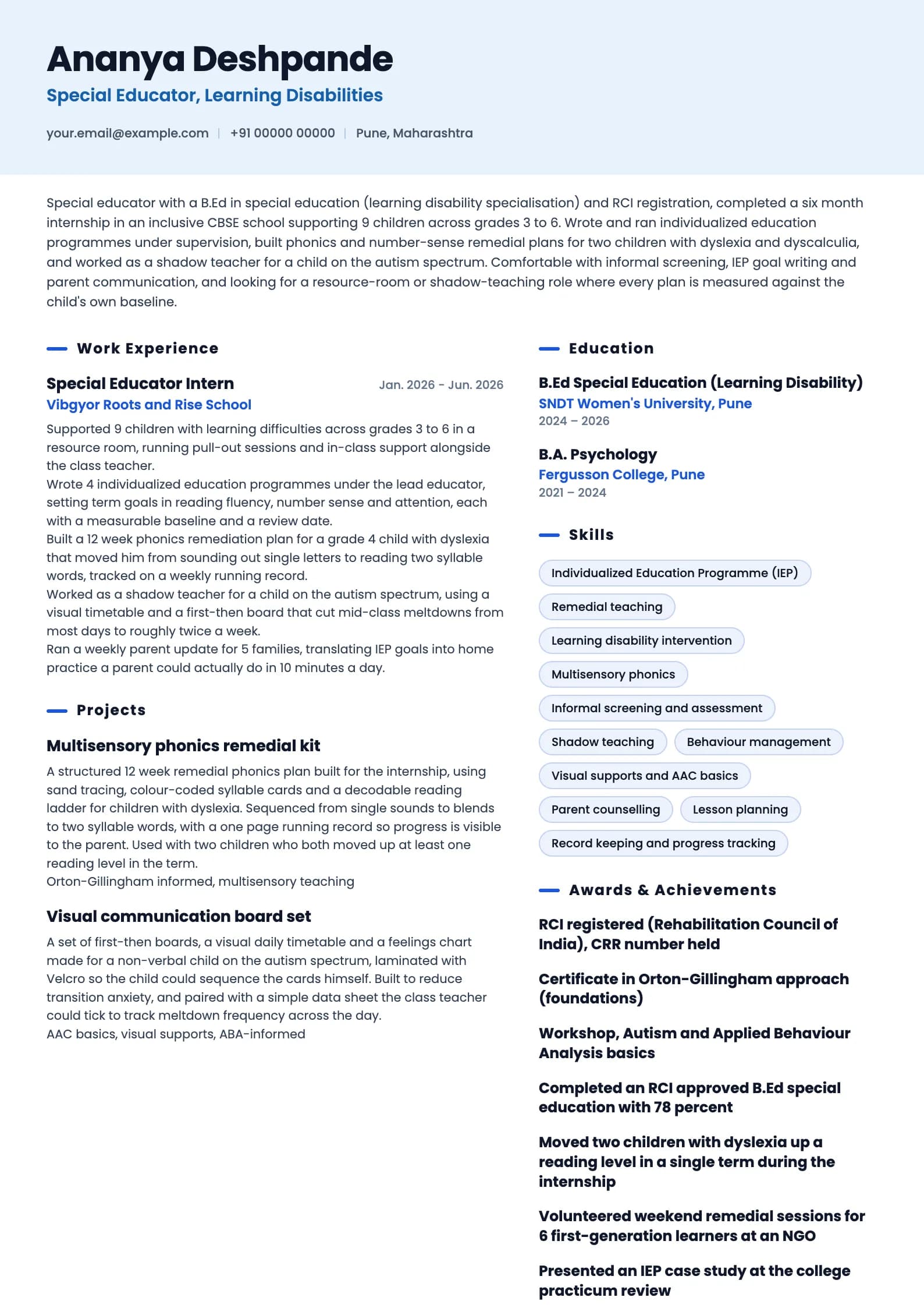 Special Educator resume example for Fresher (0 years), ai-era template, showing professional summary, work experience, projects, skills, education and certifications