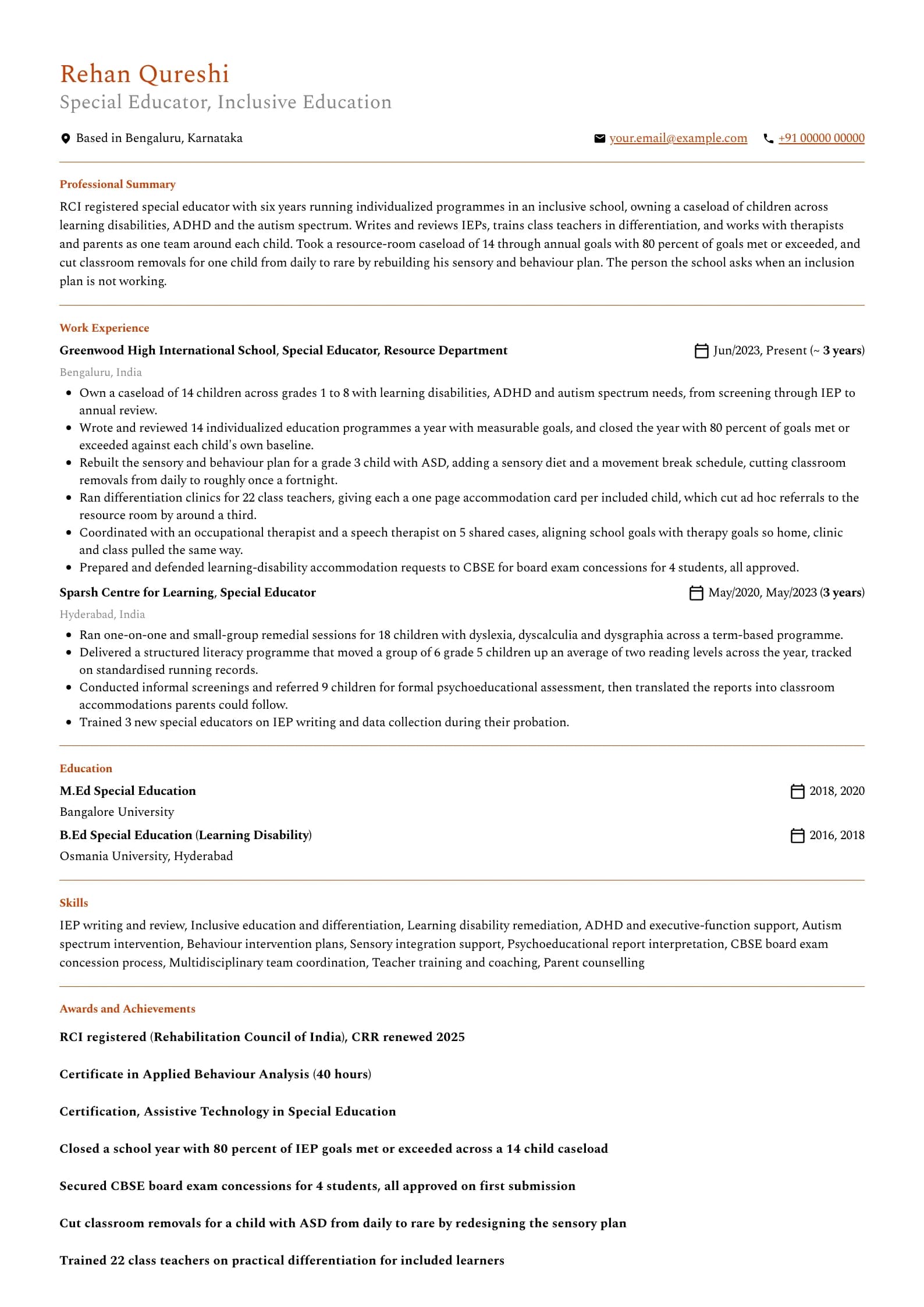 Special Educator resume example for Mid-level (6 years), professional template, showing professional summary, work experience, skills, education and certifications