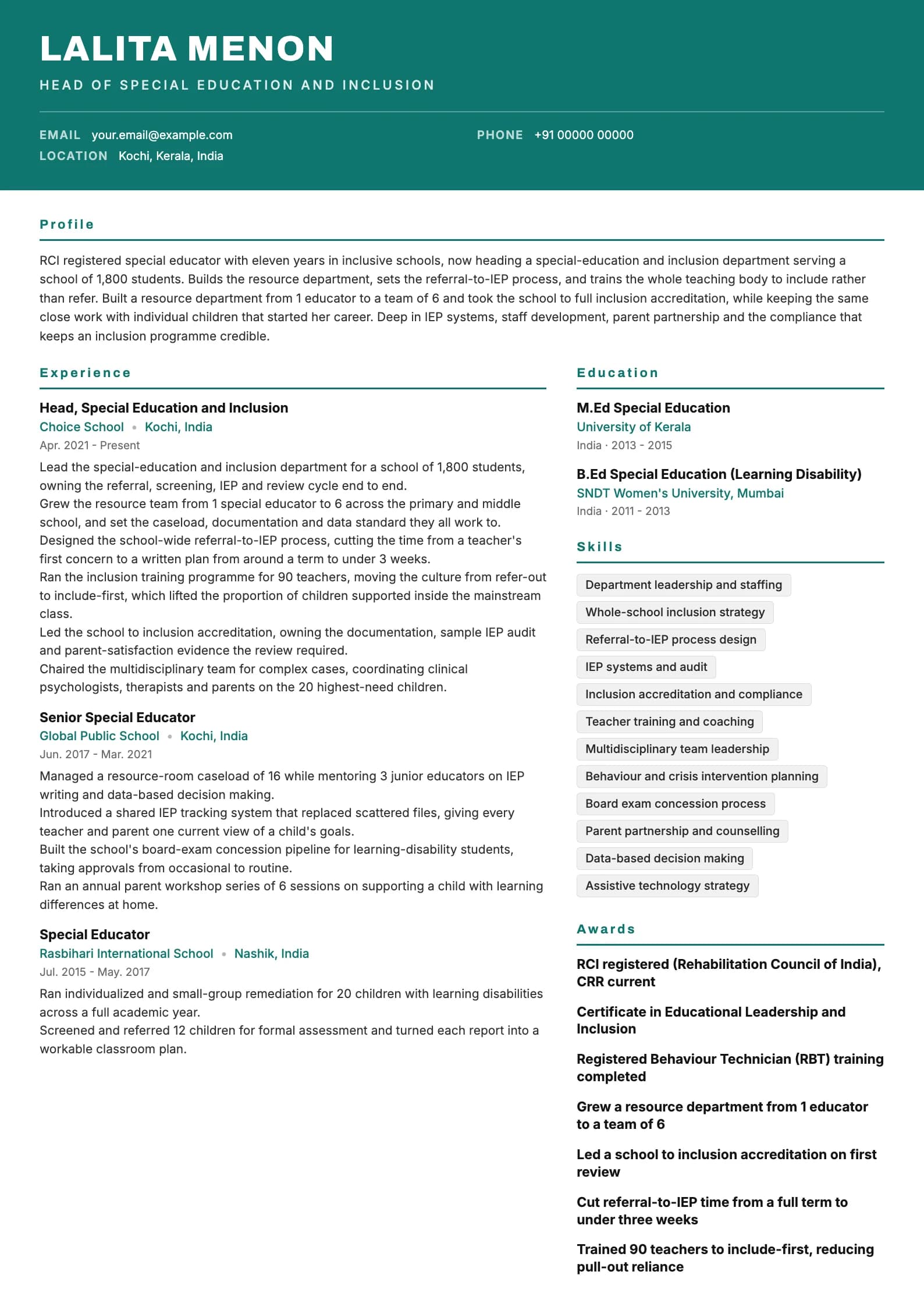 Special Educator resume example for Senior / Coordinator (11 years), header-band template, showing professional summary, work experience, skills, education and certifications