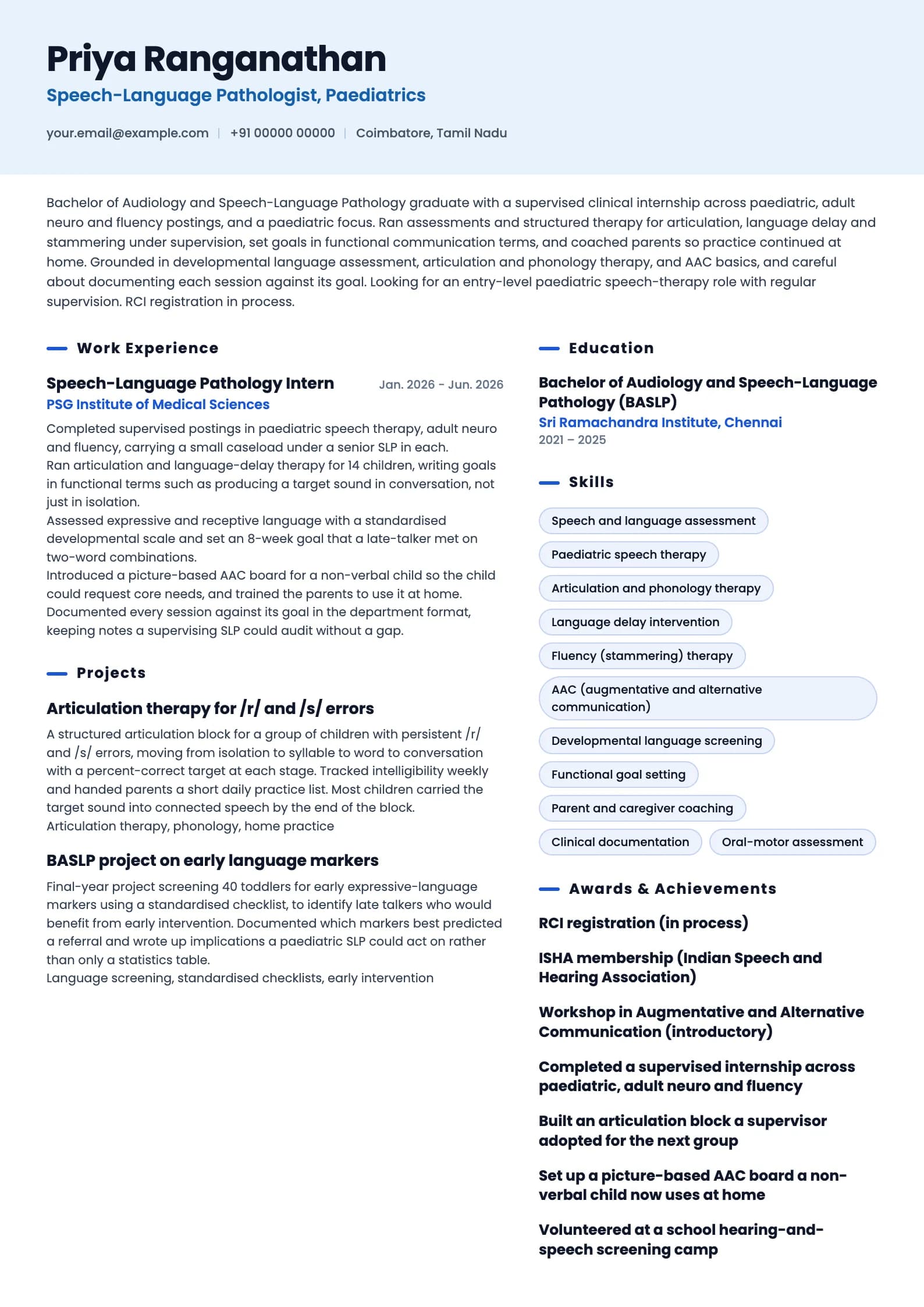 Speech Therapist resume example for Fresher (0 to 1 year), ai-era template, showing professional summary, work experience, projects, skills, education and certifications