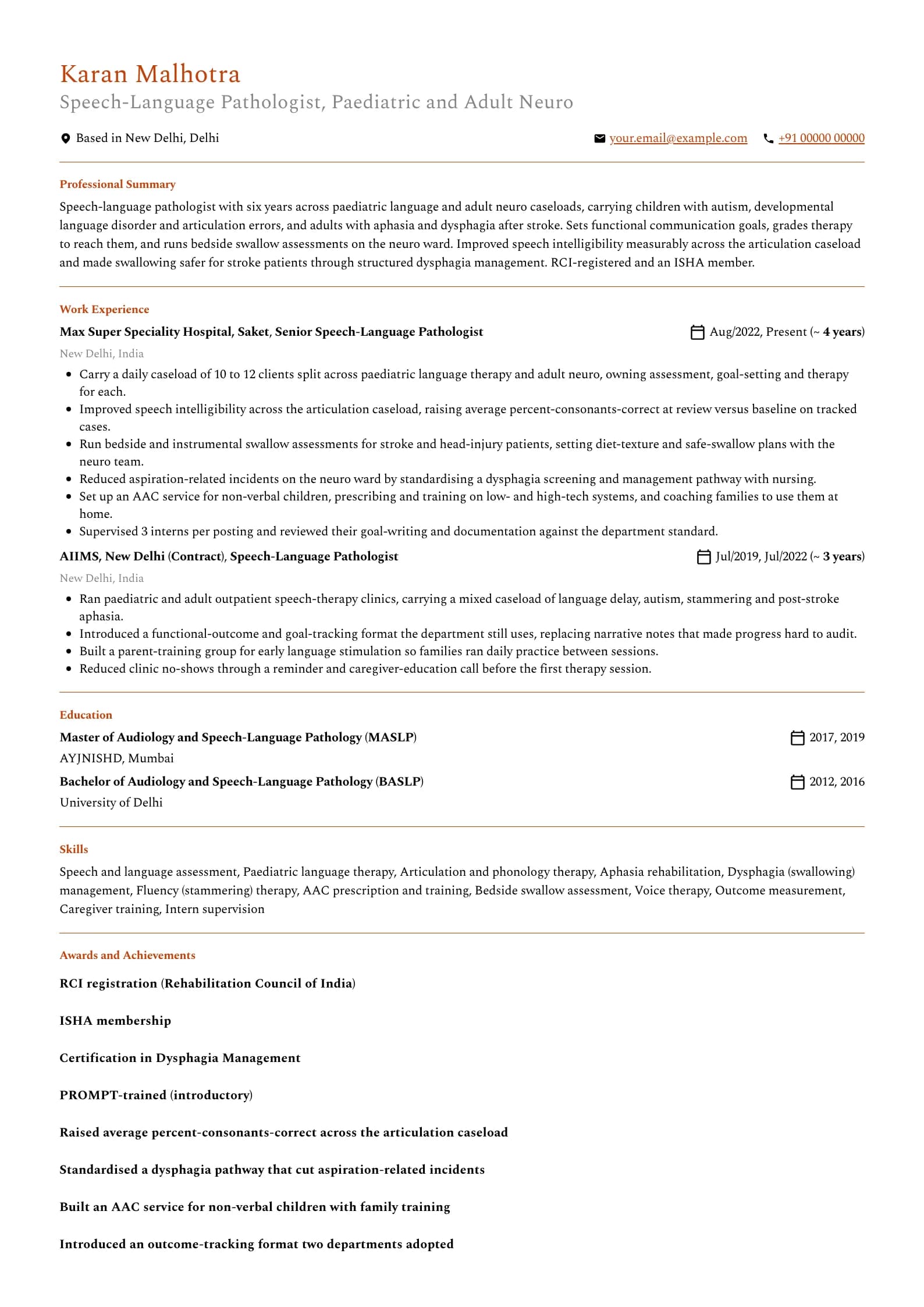 Speech Therapist resume example for Paediatric / adult neuro SLP (6 years), professional template, showing professional summary, work experience, skills, education and certifications