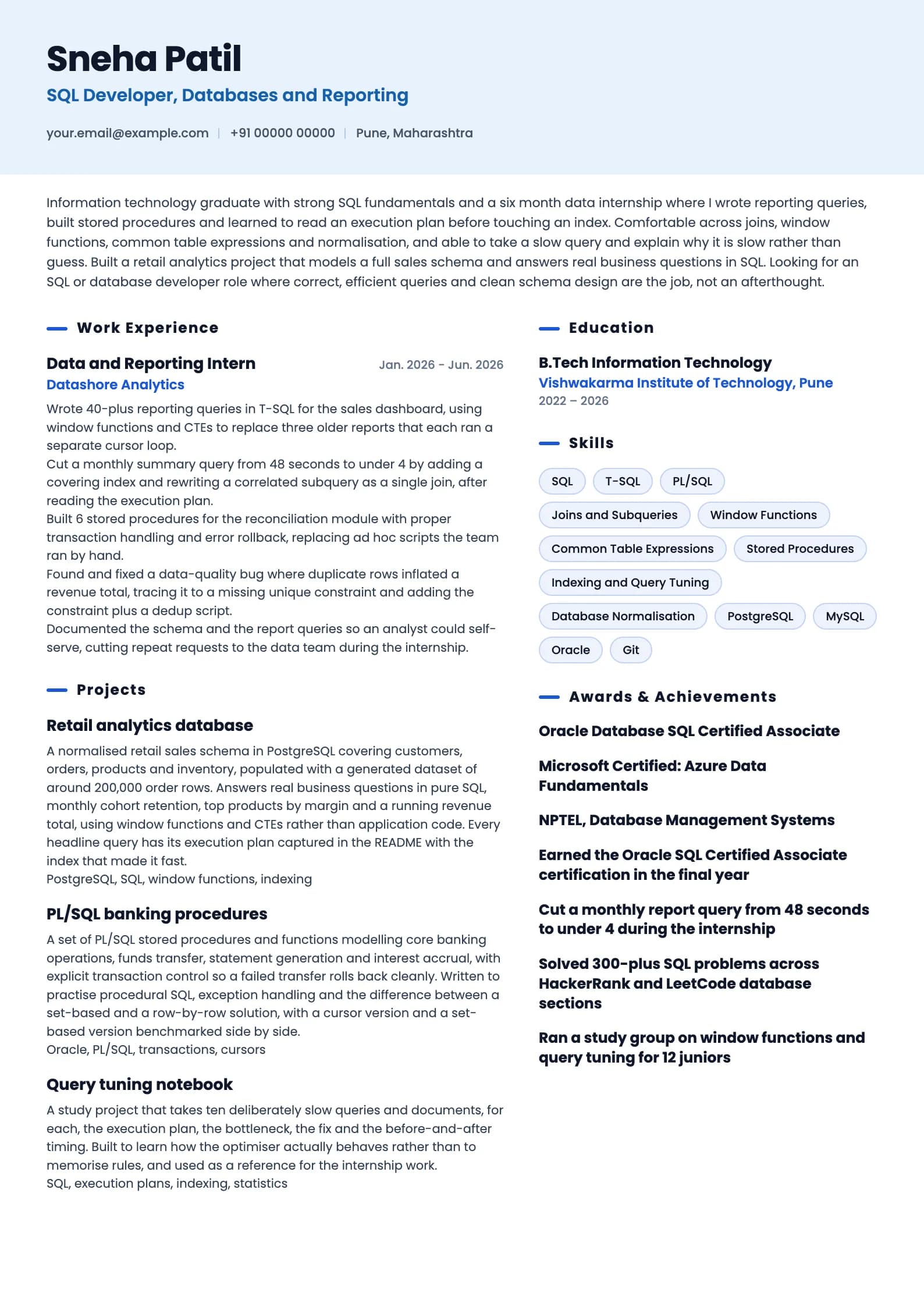 SQL Developer resume example for Fresher (0 to 1 year), ai-era template, showing professional summary, work experience, projects, skills, education and certifications