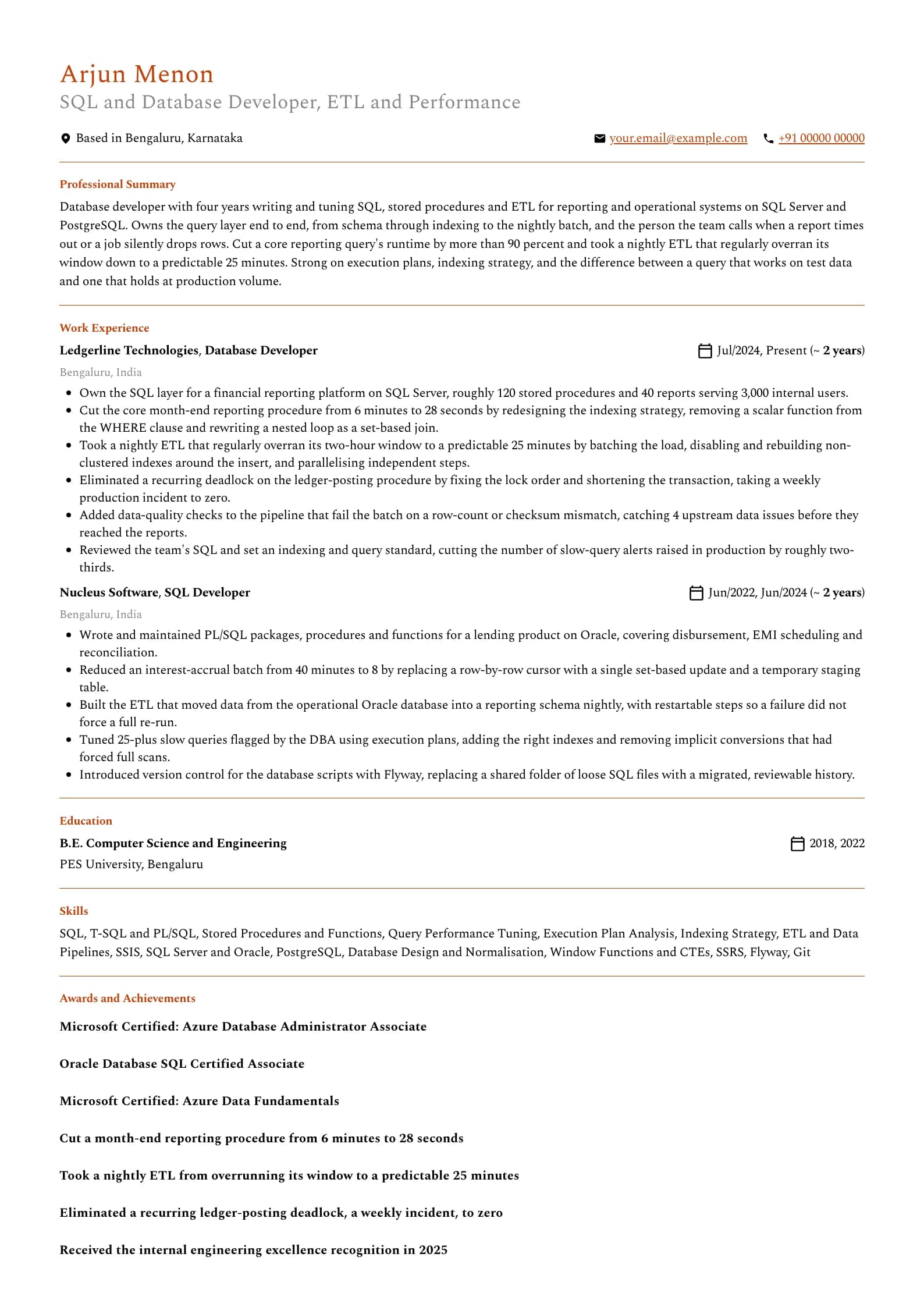 SQL Developer resume example for Mid-level (4 years), professional template, showing professional summary, work experience, skills, education and certifications