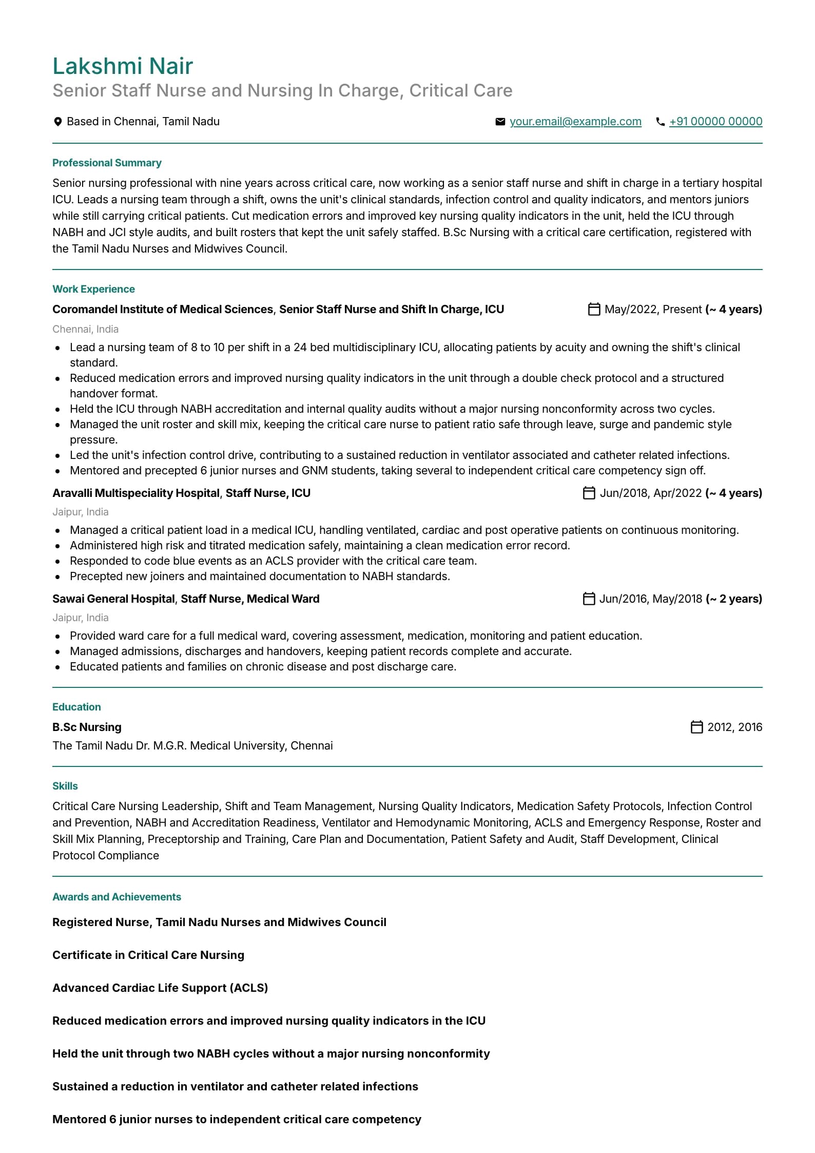 Staff Nurse resume example for Senior (9 years), minimalist template, showing professional summary, work experience, skills, education and certifications