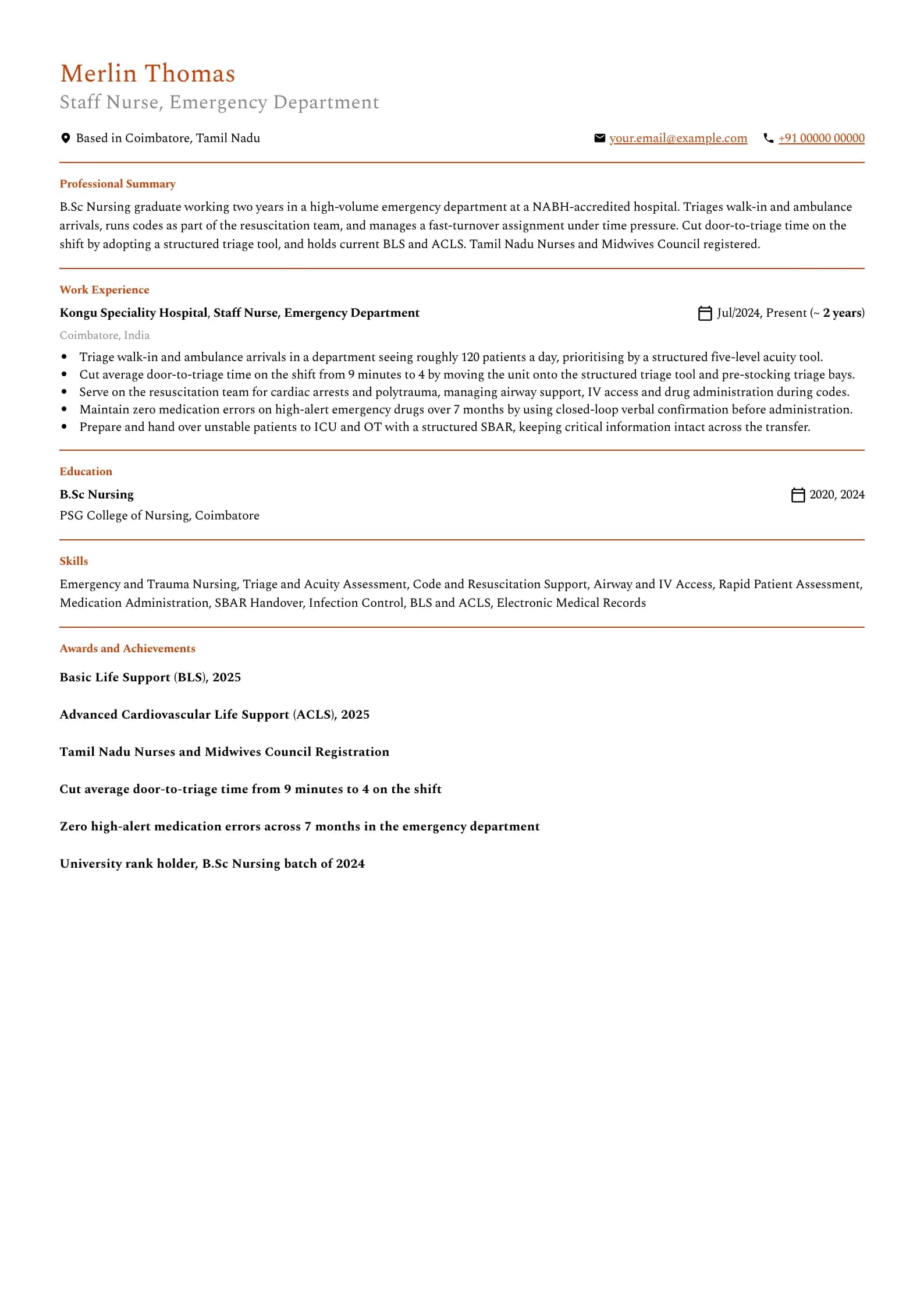 Staff Nurse resume example for Staff Nurse, B.Sc route (2 years), minimalist template, showing professional summary, work experience, skills, education and certifications