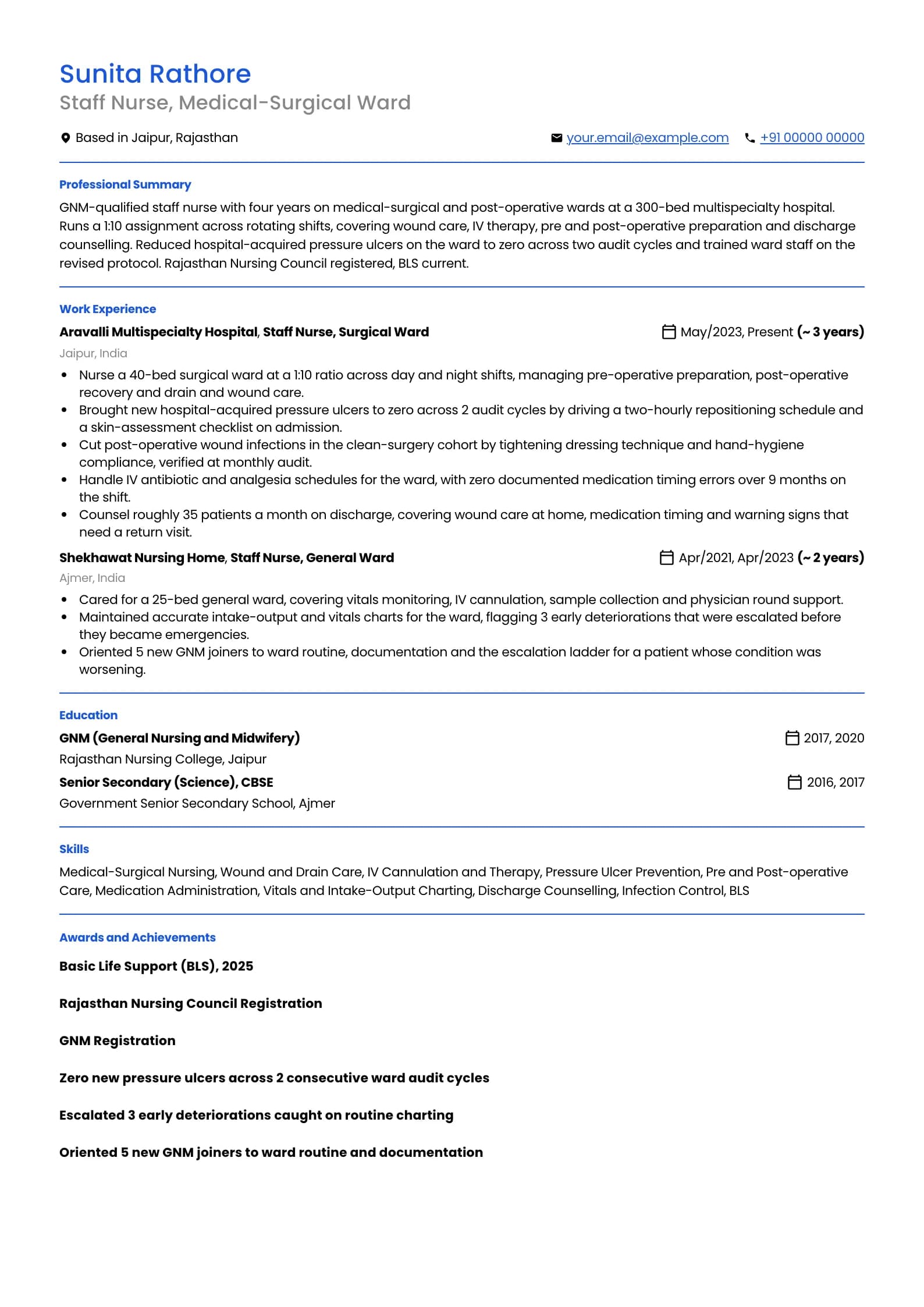 Staff Nurse resume example for Staff Nurse, GNM route (4 years), professional template, showing professional summary, work experience, skills, education and certifications