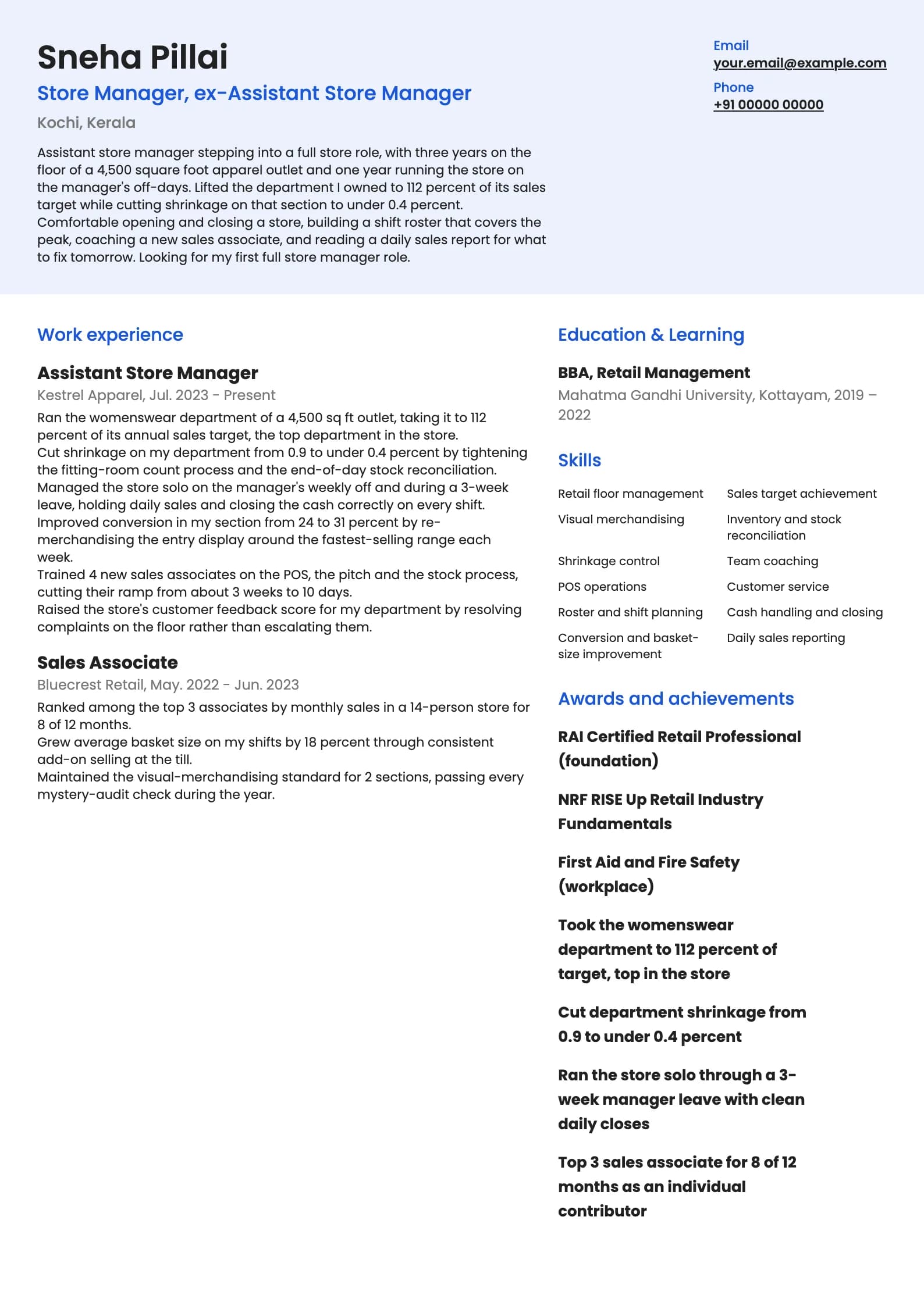 Store Manager resume example for New store manager (2 to 3 years), modern template, showing professional summary, work experience, skills, education and certifications
