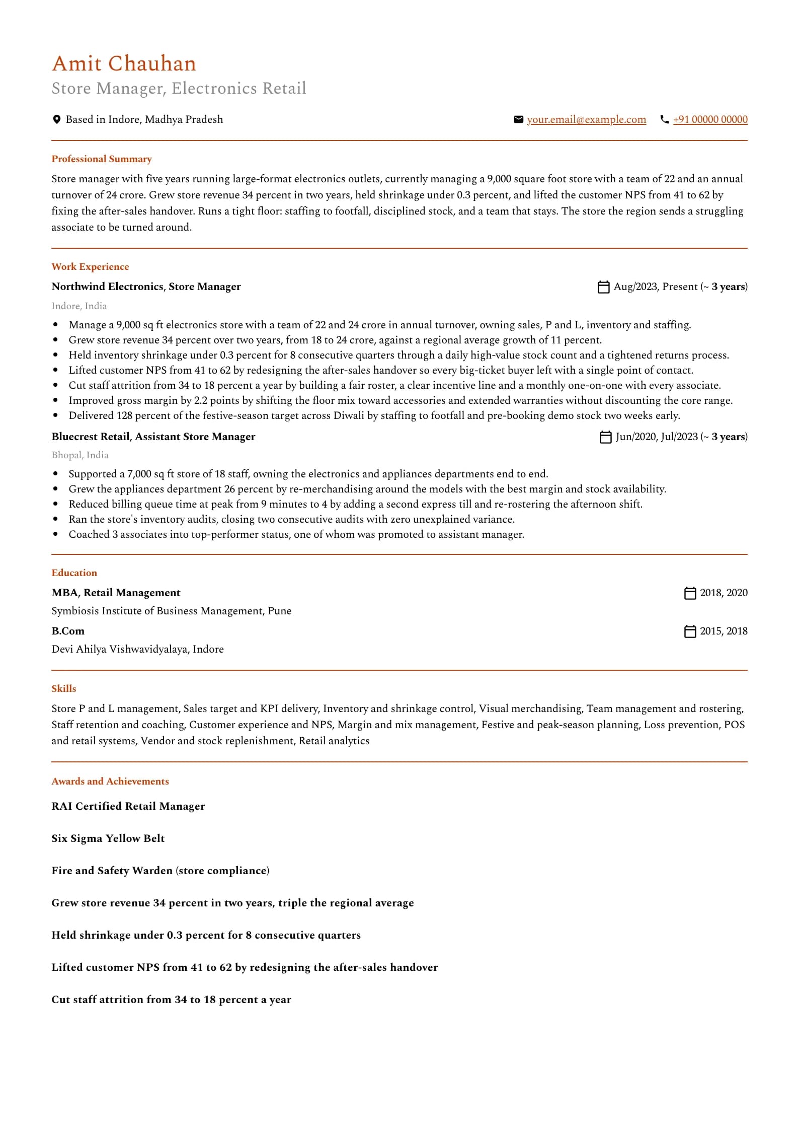 Store Manager resume example for Mid-level store manager (5 years), professional template, showing professional summary, work experience, skills, education and certifications