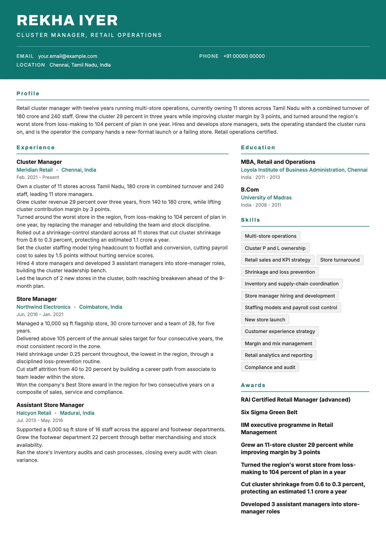 Store Manager resume example for Senior cluster manager (12 years), header-band template, showing professional summary, work experience, skills, education and certifications