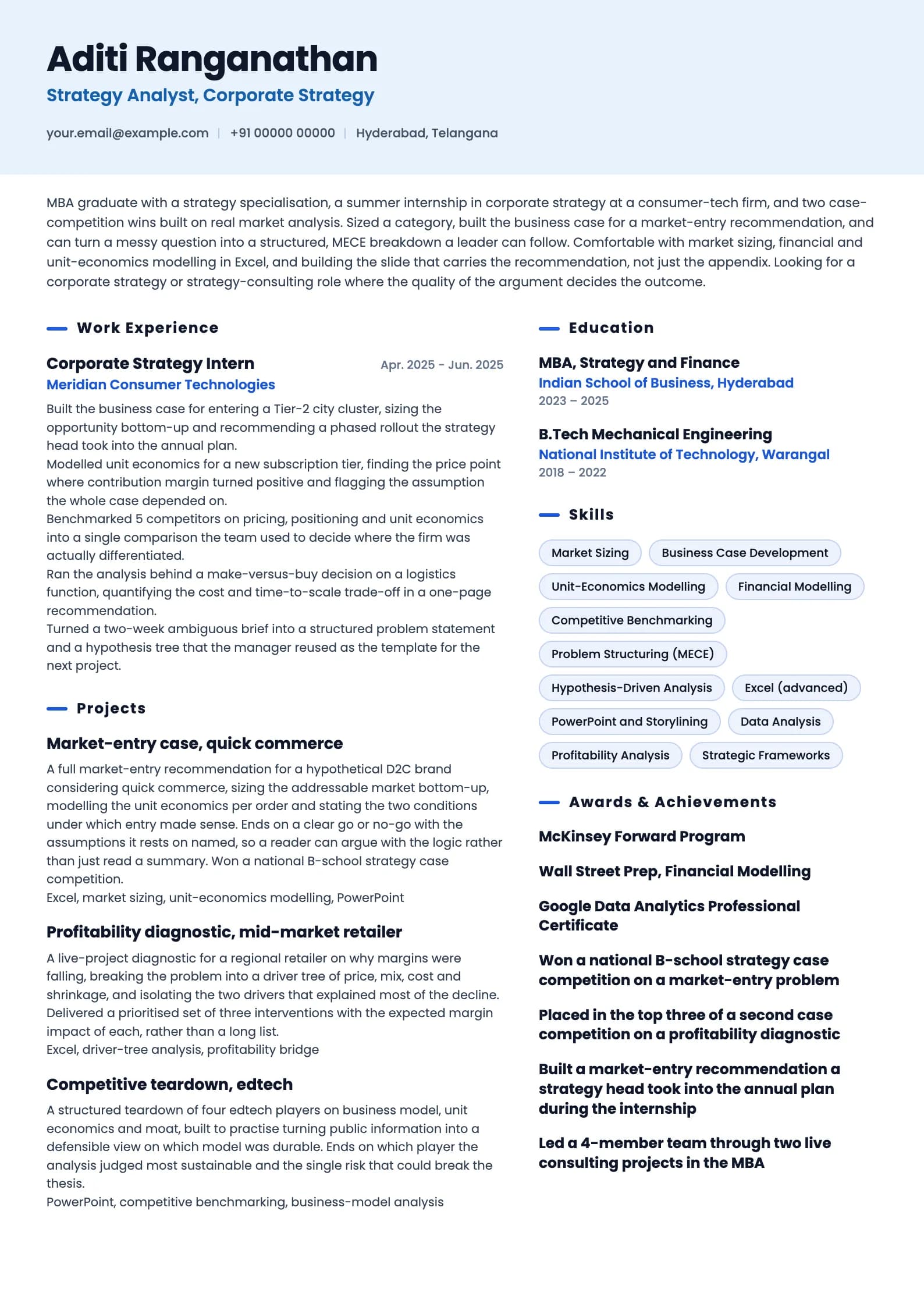 Strategy Analyst resume example for Fresher (0 to 1 year), ai-era template, showing professional summary, work experience, projects, skills, education and certifications