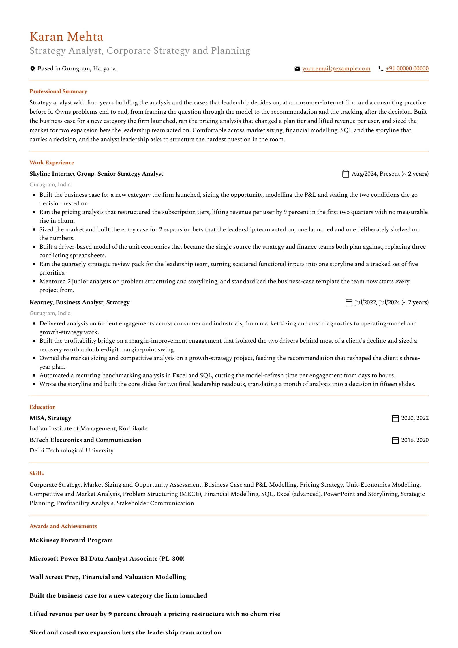 Strategy Analyst resume example for Mid-level (4 years), professional template, showing professional summary, work experience, skills, education and certifications