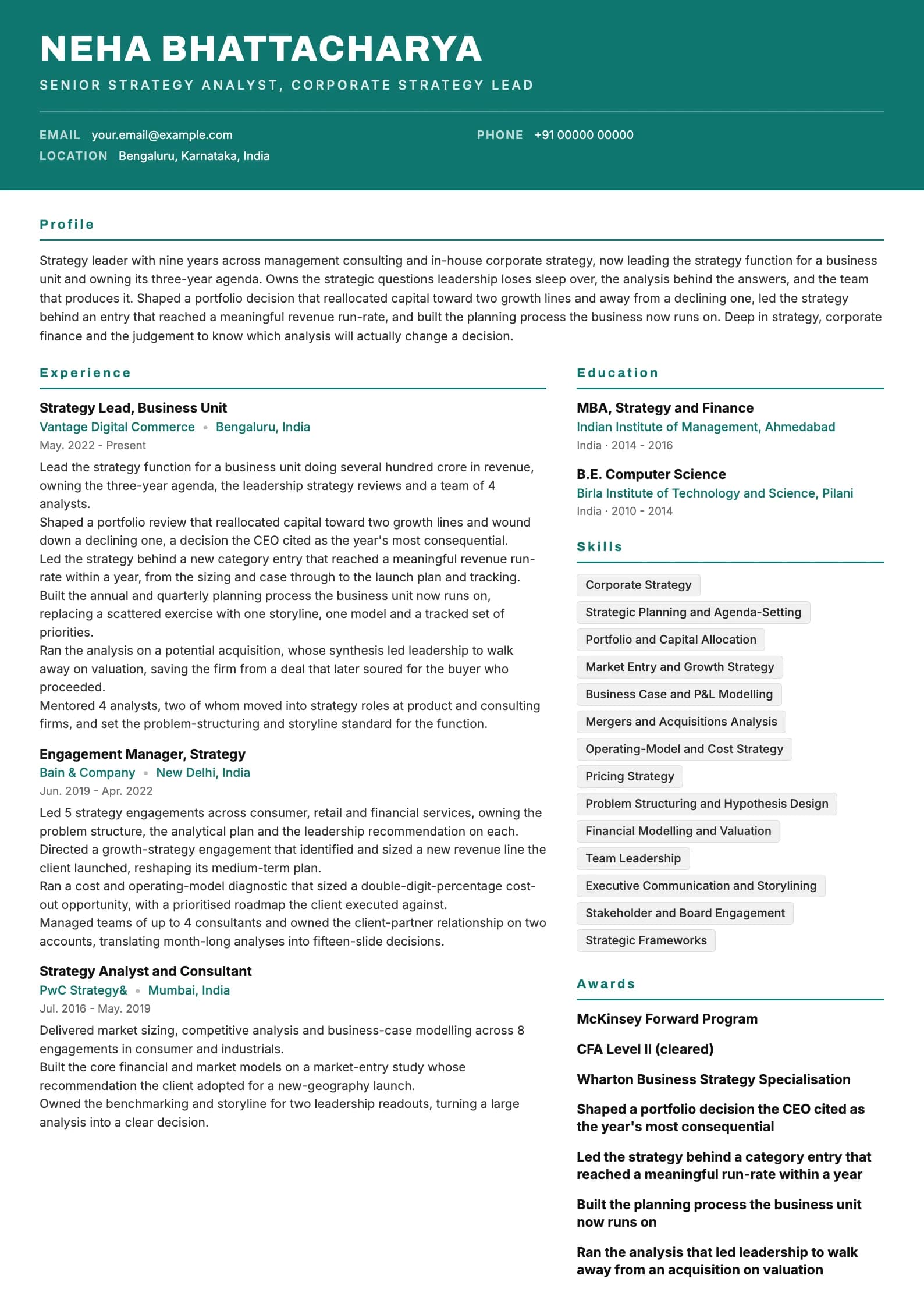 Strategy Analyst resume example for Senior (9 years), header-band template, showing professional summary, work experience, skills, education and certifications