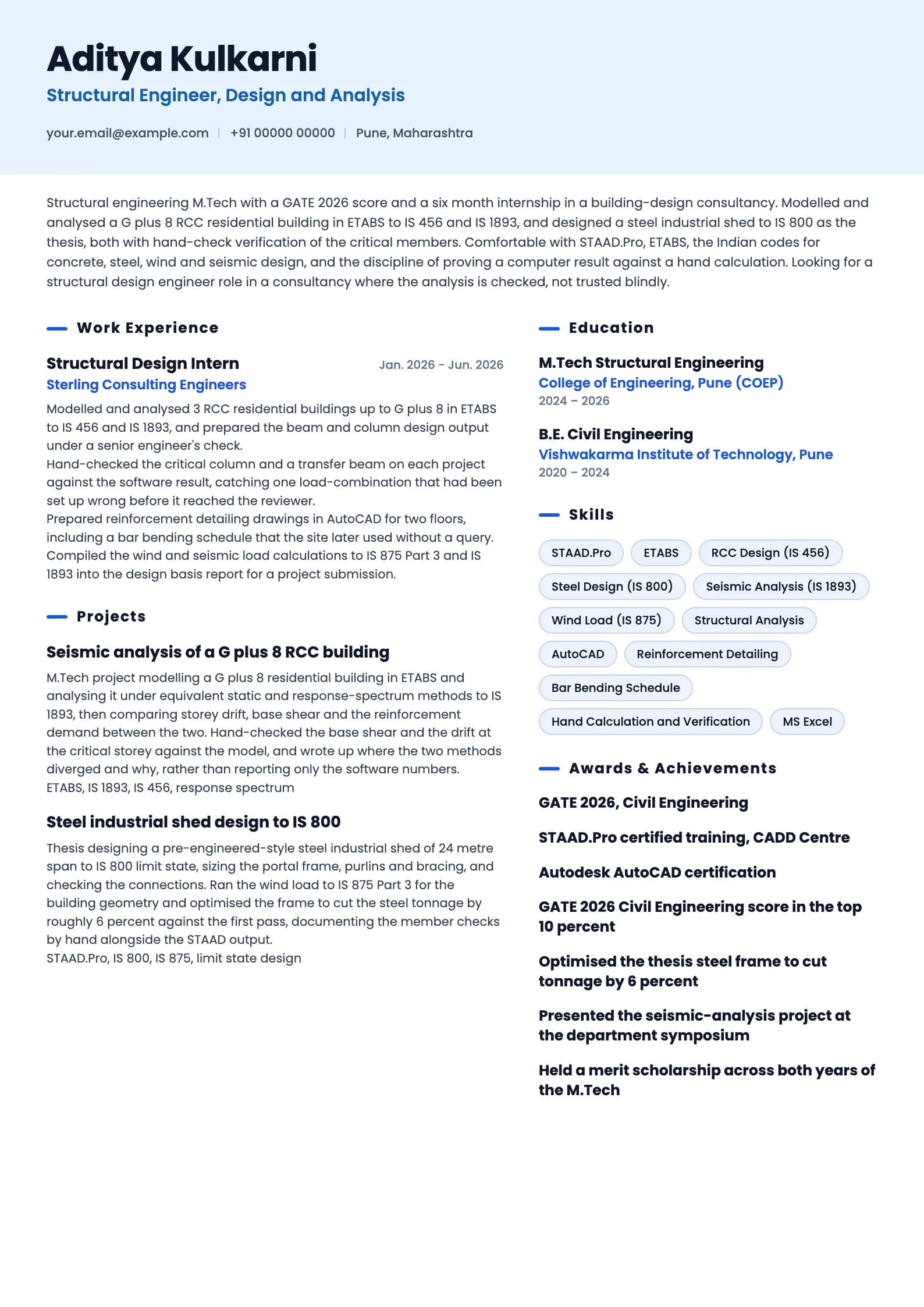 Structural Engineer resume example for Fresher (0 years), ai-era template, showing professional summary, work experience, projects, skills, education and certifications